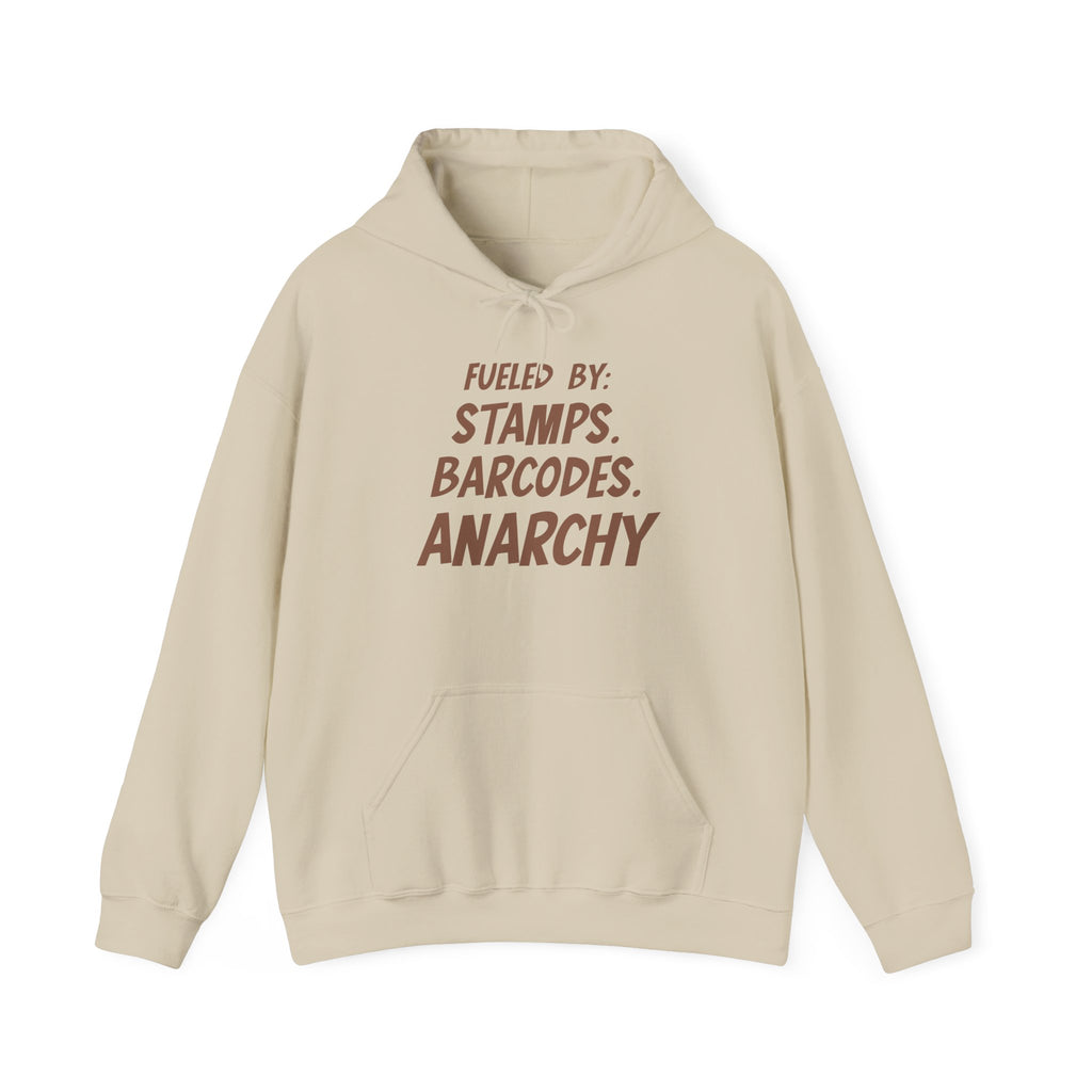 Anarchy Hoodie – “Fueled By: Stamps, Barcodes, Anarchy” Graphic Hoodie