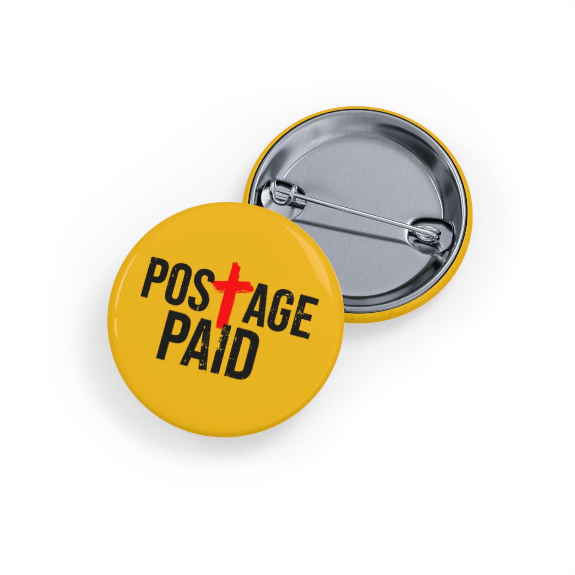 Round Pin Button — "Postage Paid" Yellow Badge with Red Cross (Religious/Christian Faith Pin)