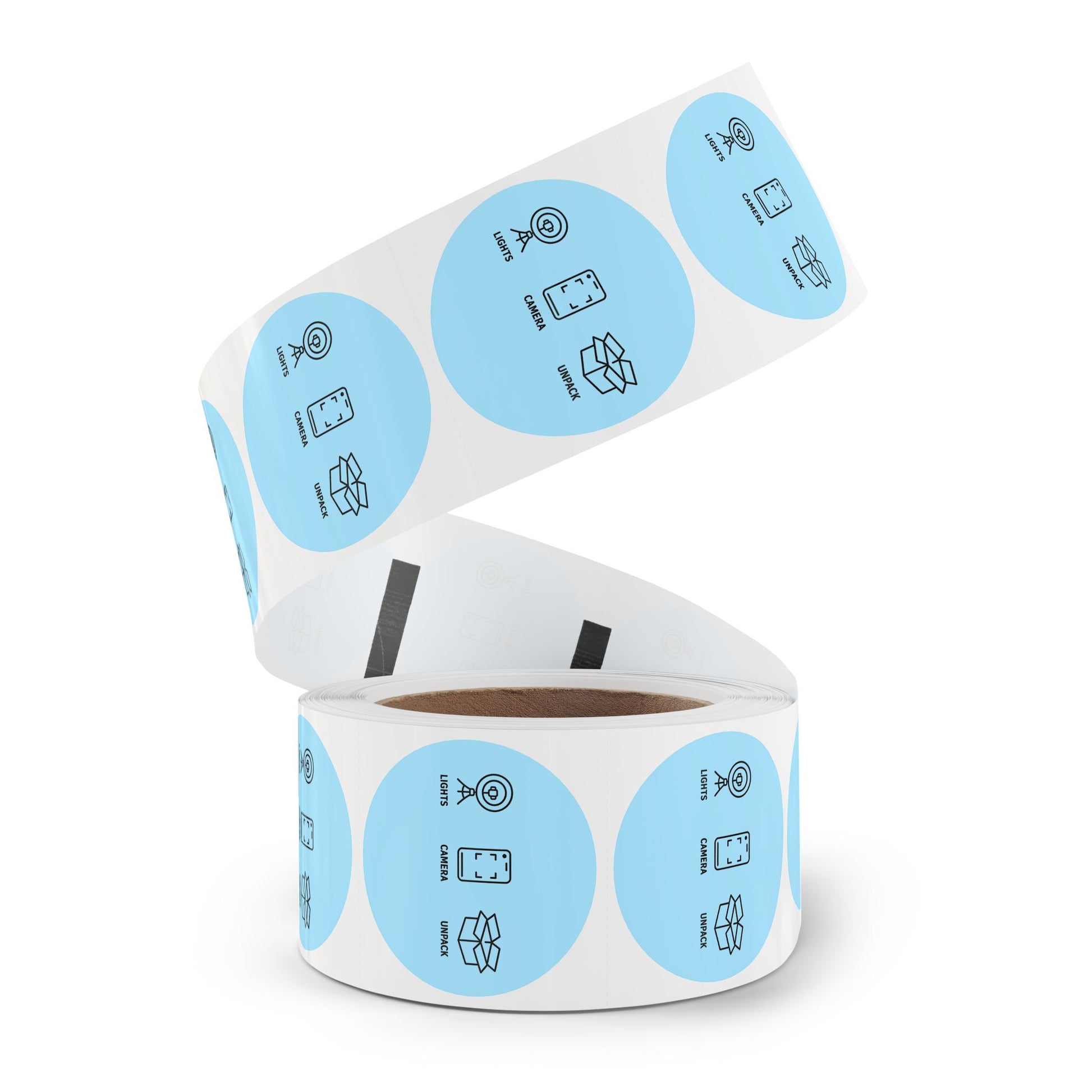 Round Sticker Labels — "Lights • Camera • Unpack" Packing & Unboxing Icon Roll for Etsy Sellers, Shopify Shop Owners & Small Business owners