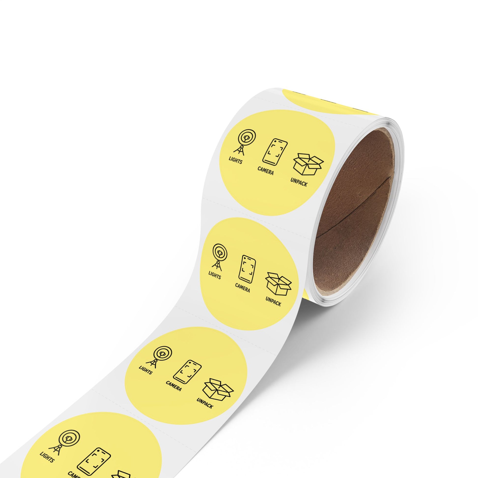 Funny Sticker Rolls — Yellow "Lights • Camera • Unpack" Packing Stickers for Etsy Sellers, Shopify Shops & Small Business Owners