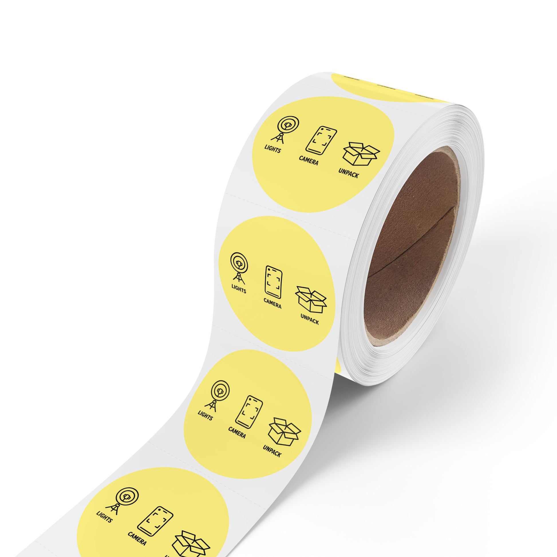Funny Sticker Rolls — Yellow "Lights • Camera • Unpack" Packing Stickers for Etsy Sellers, Shopify Shops & Small Business Owners