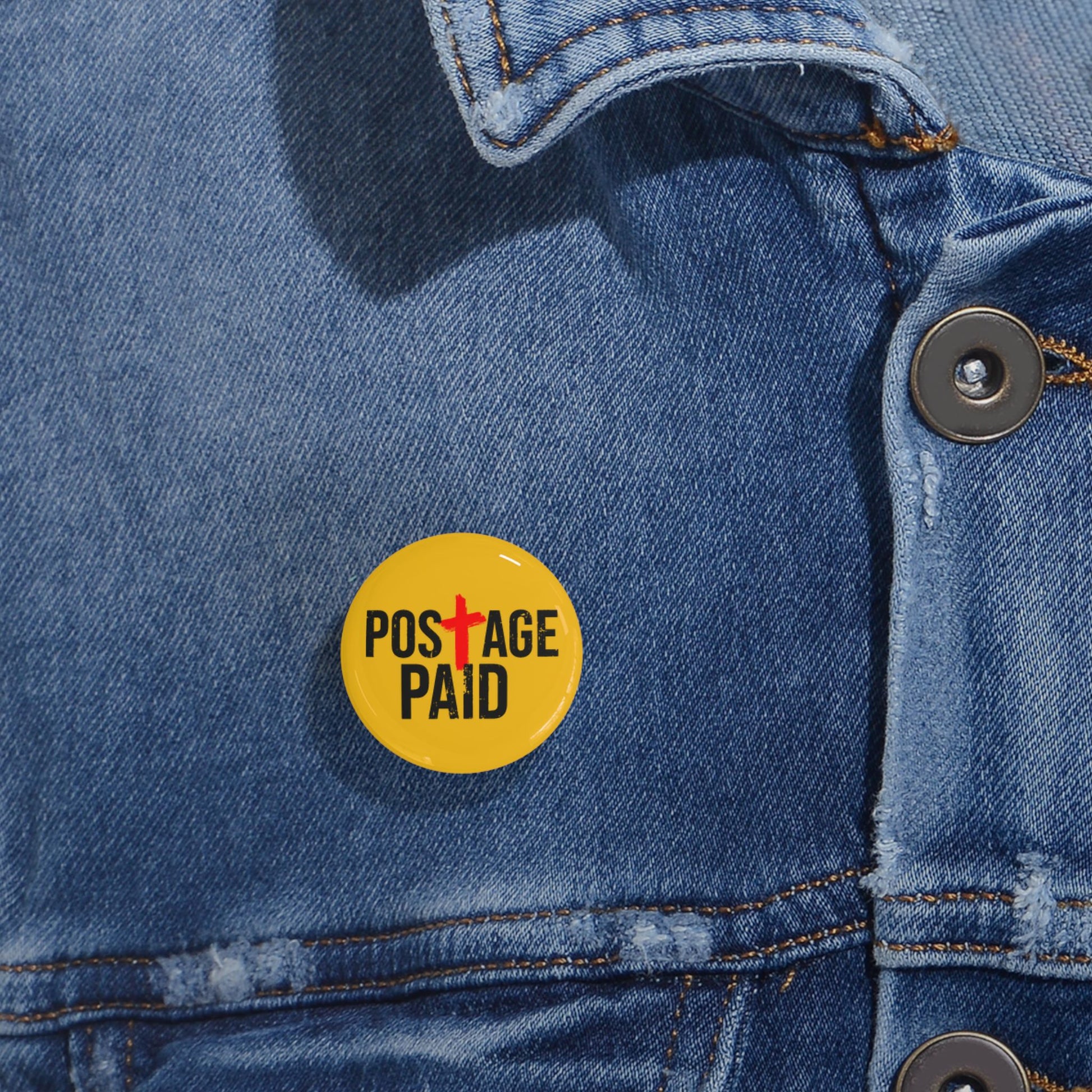 Round Pin Button — "Postage Paid" Yellow Badge with Red Cross (Religious/Christian Faith Pin)