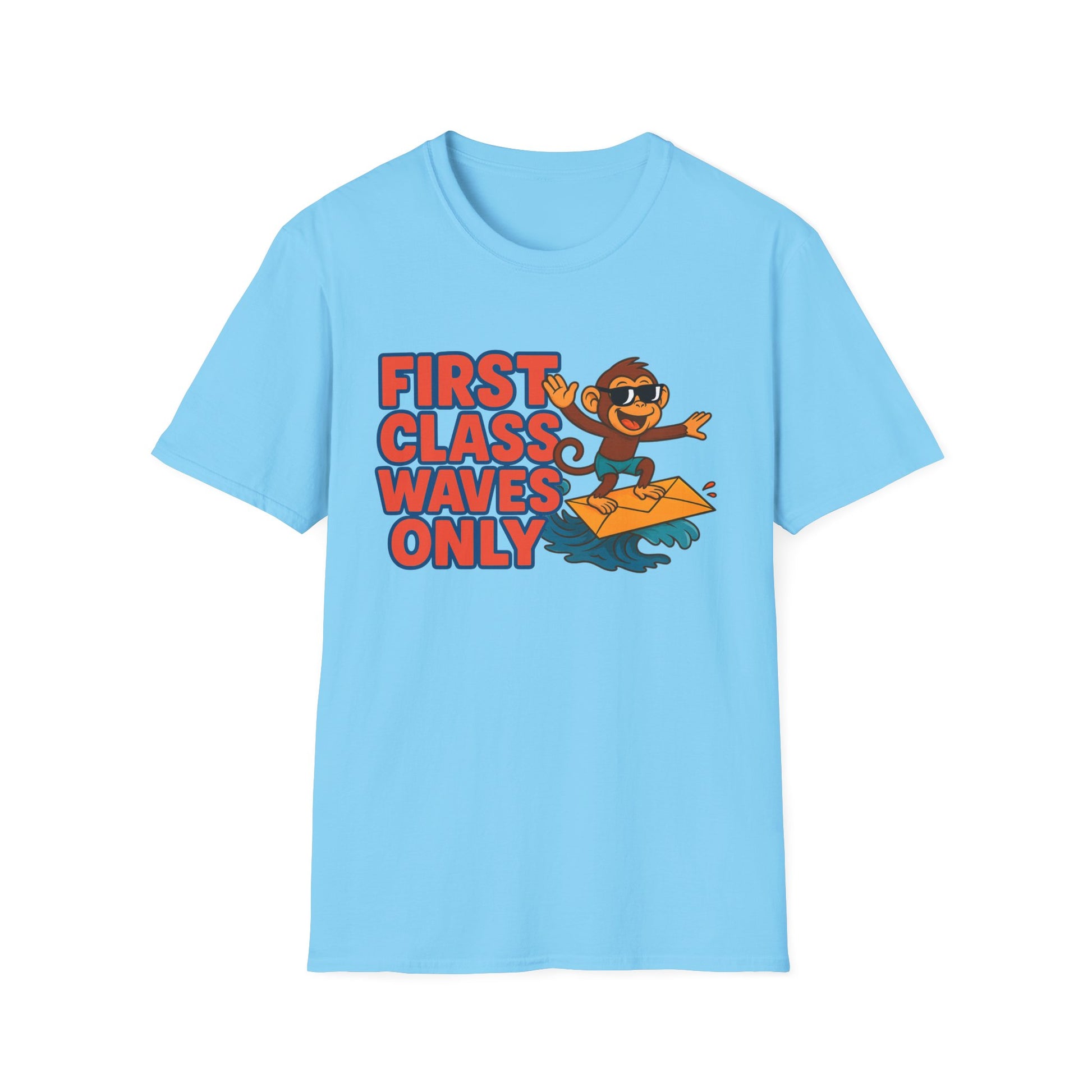 Unisex Softstyle T-Shirt - Beach Vibes, First Class Waves Only, Summer Attire, Surfing Gift, Casual Wear, Retro Tee