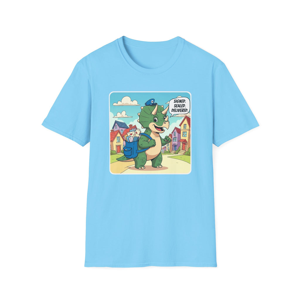 Whimsical Dinosaur Adventure T-Shirt for Kids, Fun Graphic Tee, Unisex Softstyle Shirt, Birthday Gift, Playful Design, Casual Wear