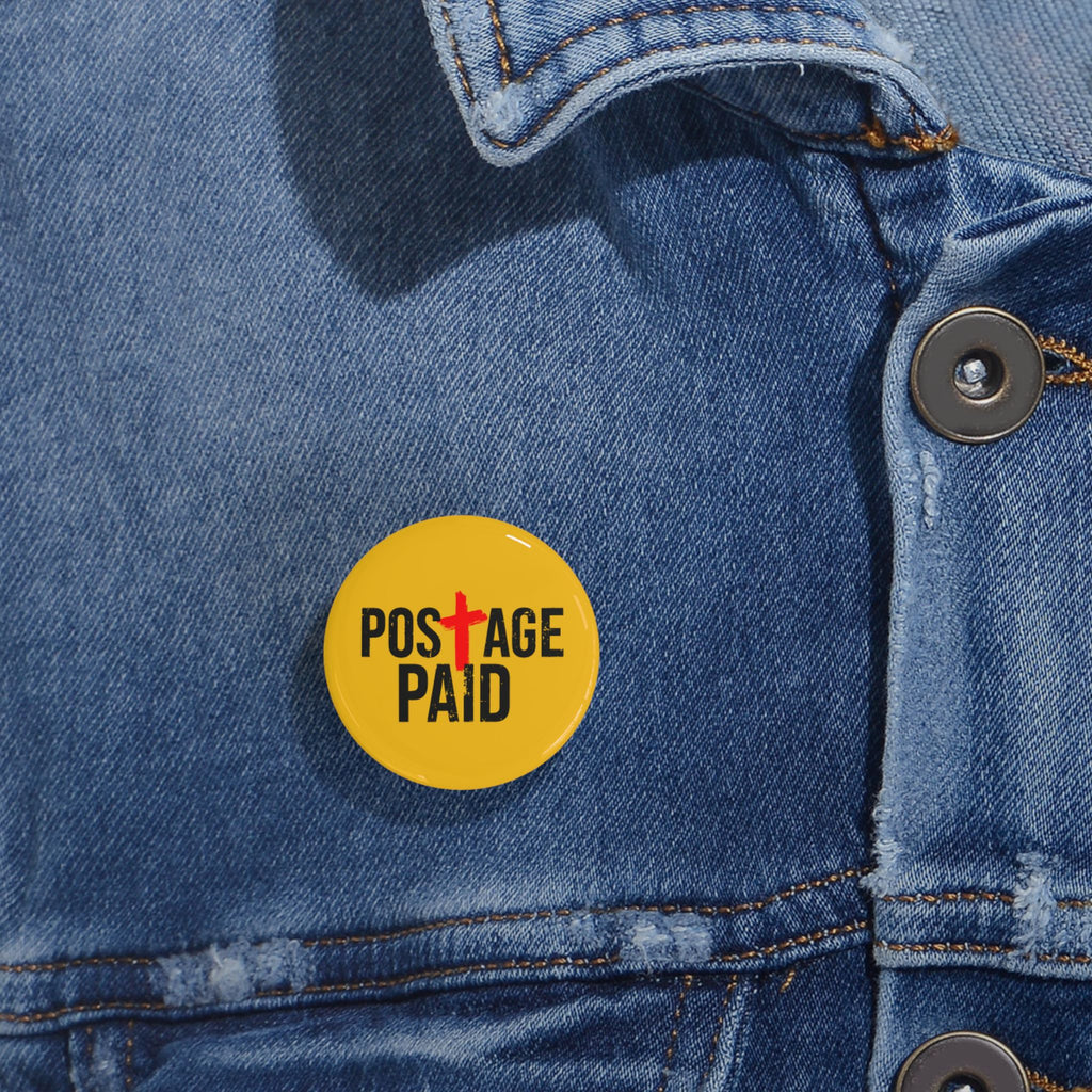 Round Pin Button — "Postage Paid" Yellow Badge with Red Cross (Religious/Christian Faith Pin)