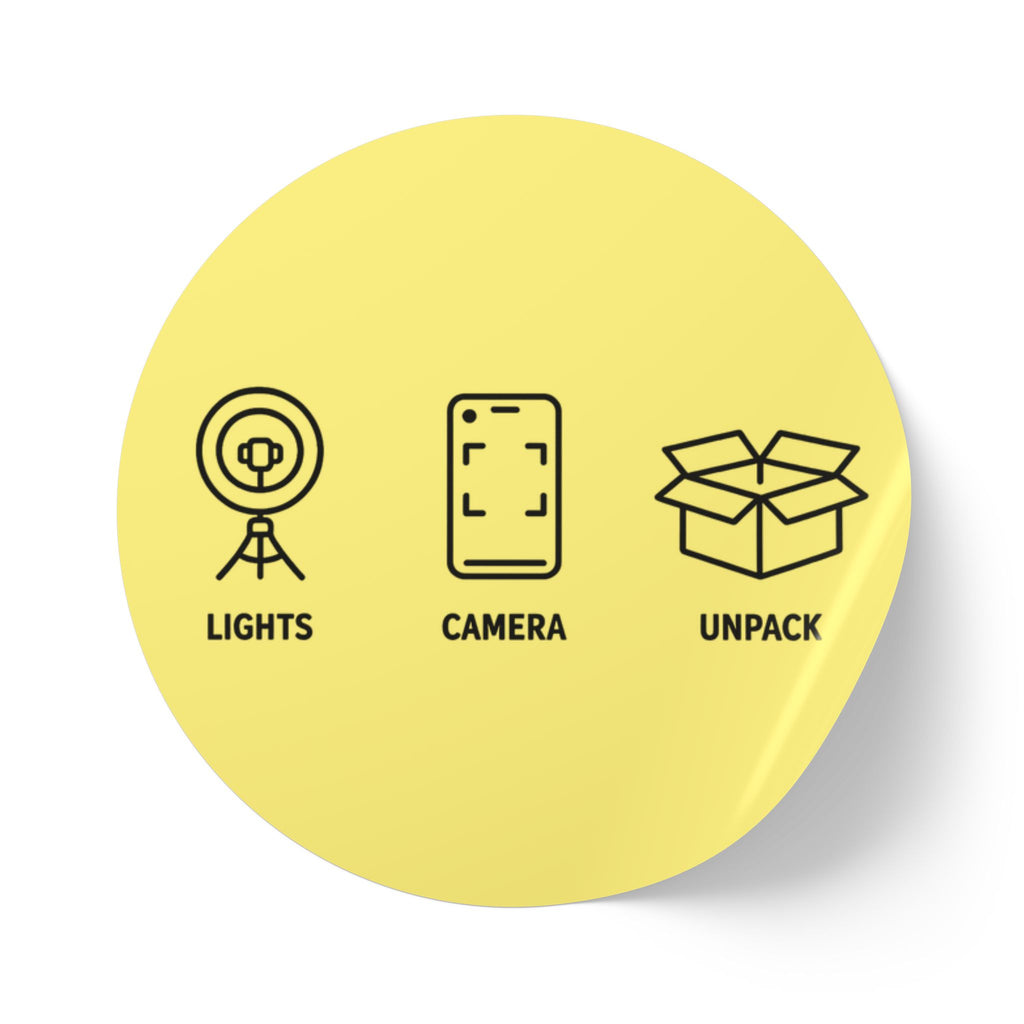 Funny Sticker Rolls — Yellow "Lights • Camera • Unpack" Packing Stickers for Etsy Sellers, Shopify Shops & Small Business Owners