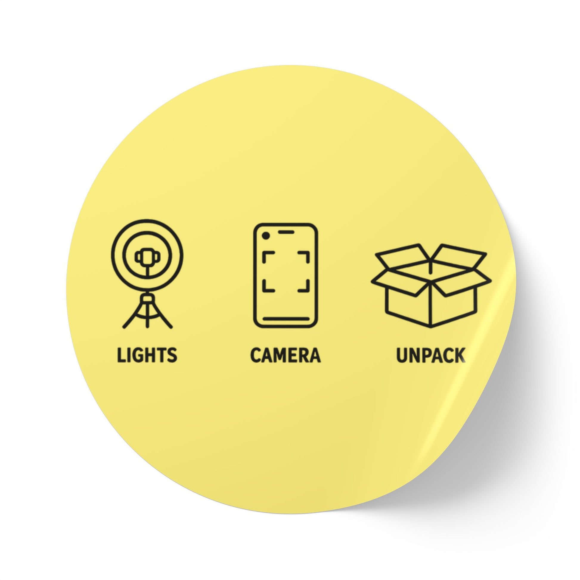 Funny Sticker Rolls — Yellow "Lights • Camera • Unpack" Packing Stickers for Etsy Sellers, Shopify Shops & Small Business Owners