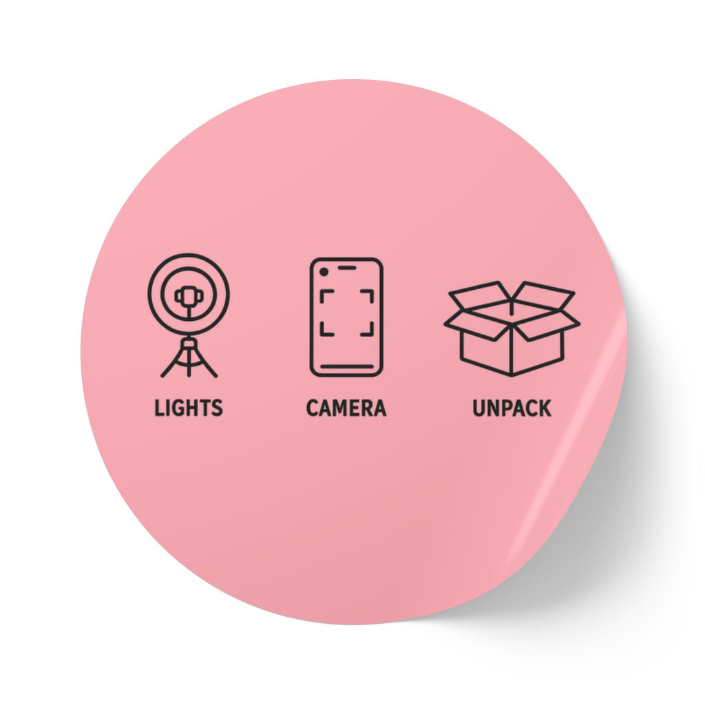 Round Sticker Labels – "Lights • Camera • Unpack" Packaging Seals (Roll) Perfect for Etsy Sellers, Shopify Shops & Small Business Owners