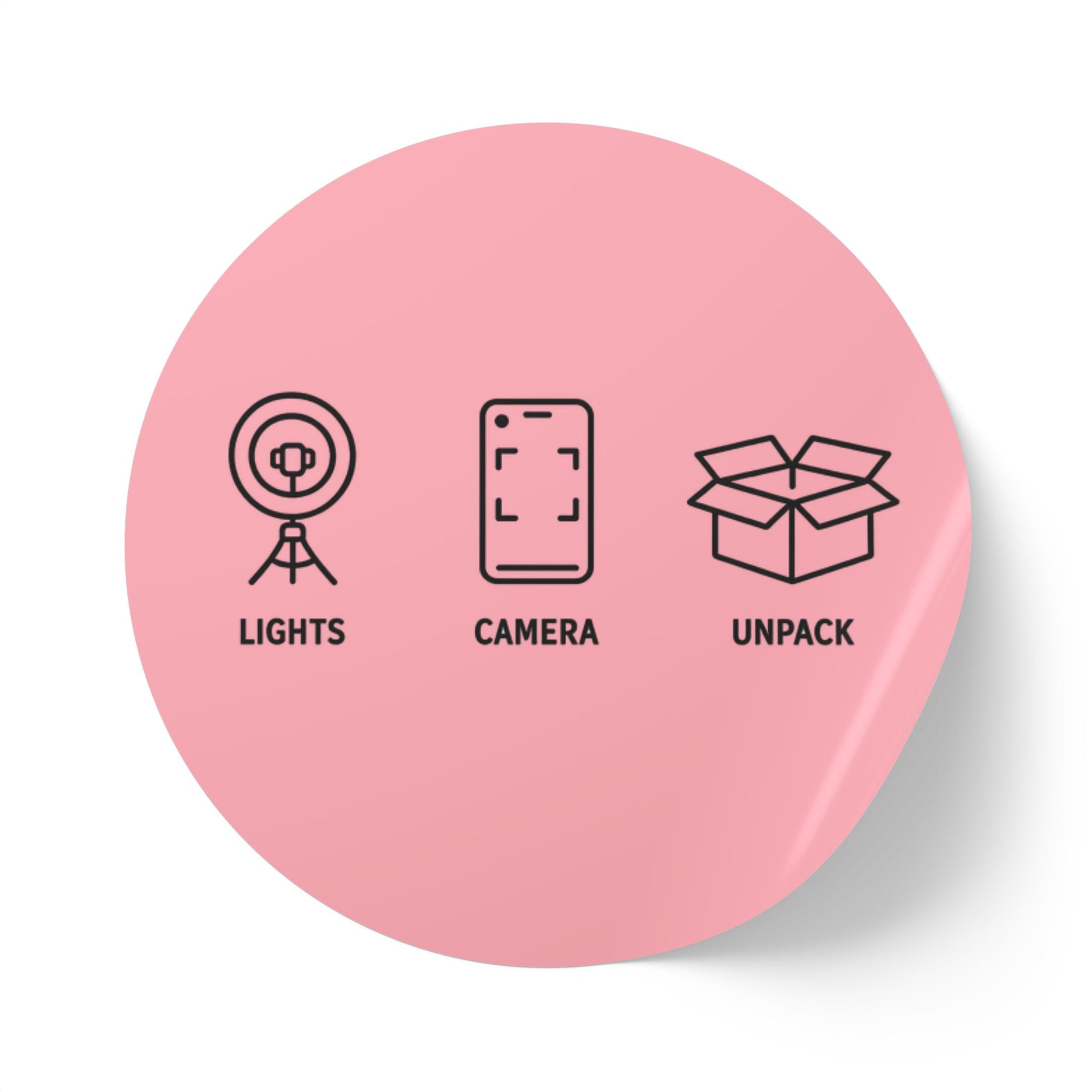 Round Sticker Labels – "Lights • Camera • Unpack" Packaging Seals (Roll) Perfect for Etsy Sellers, Shopify Shops & Small Business Owners