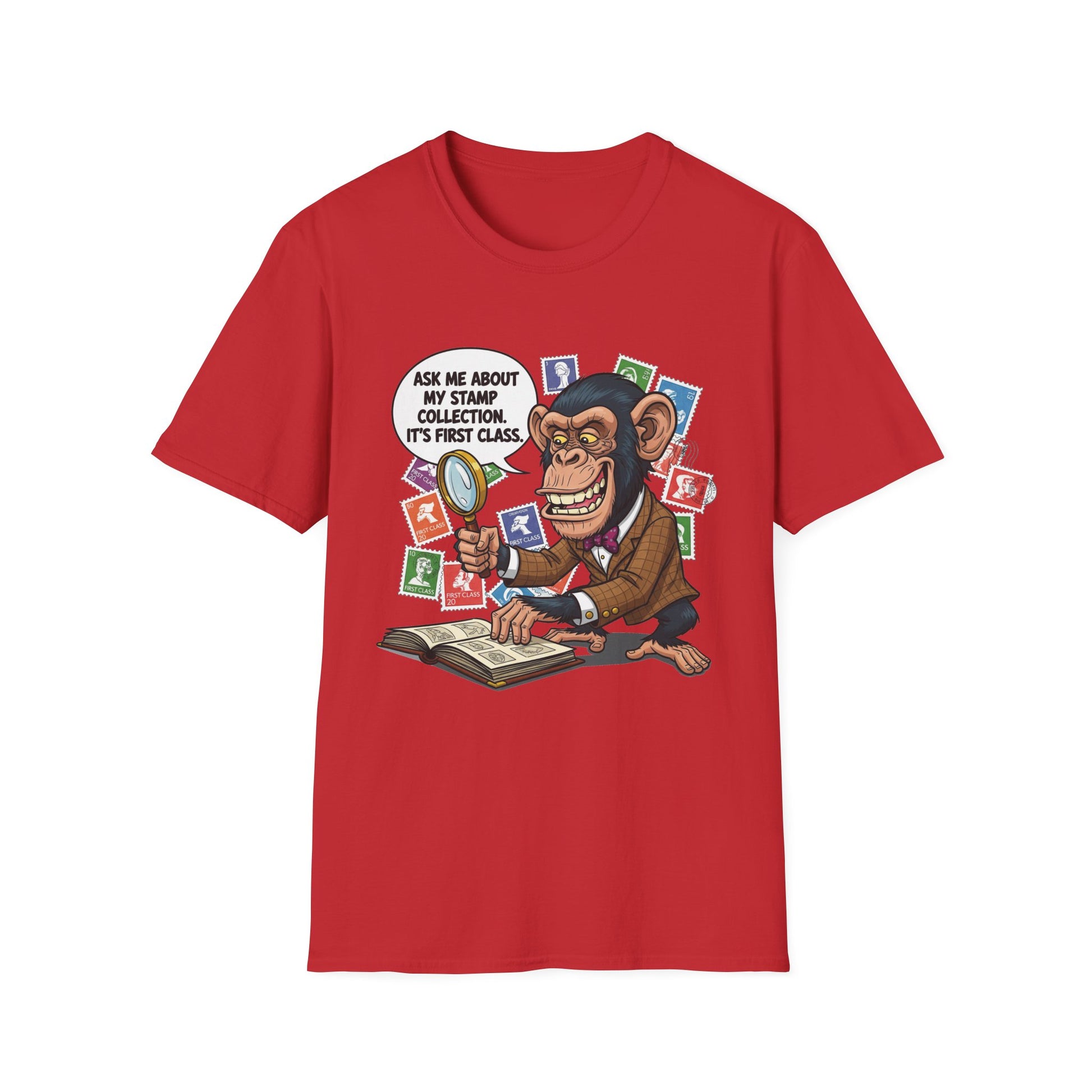 Funny Monkey T-Shirt, Ask Me About My Stamp Collection Tee, Gift for Stamp Collectors, Animal Lover Shirt, Humor Apparel