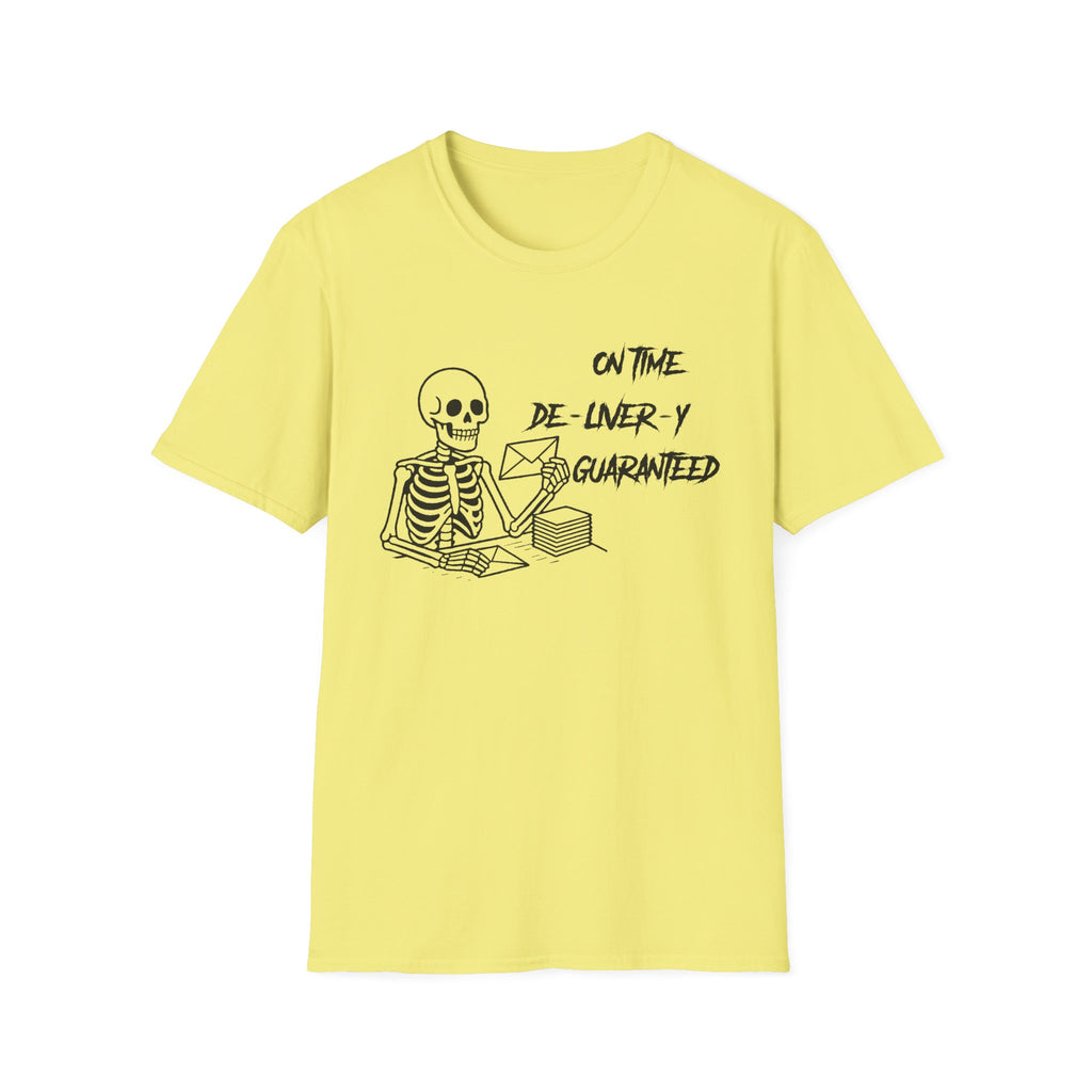 Skeleton On Time Delivery Tee, Funny Graphic Shirt, Halloween Costume Top, Gift for Delivery Drivers, Unisex T-Shirt