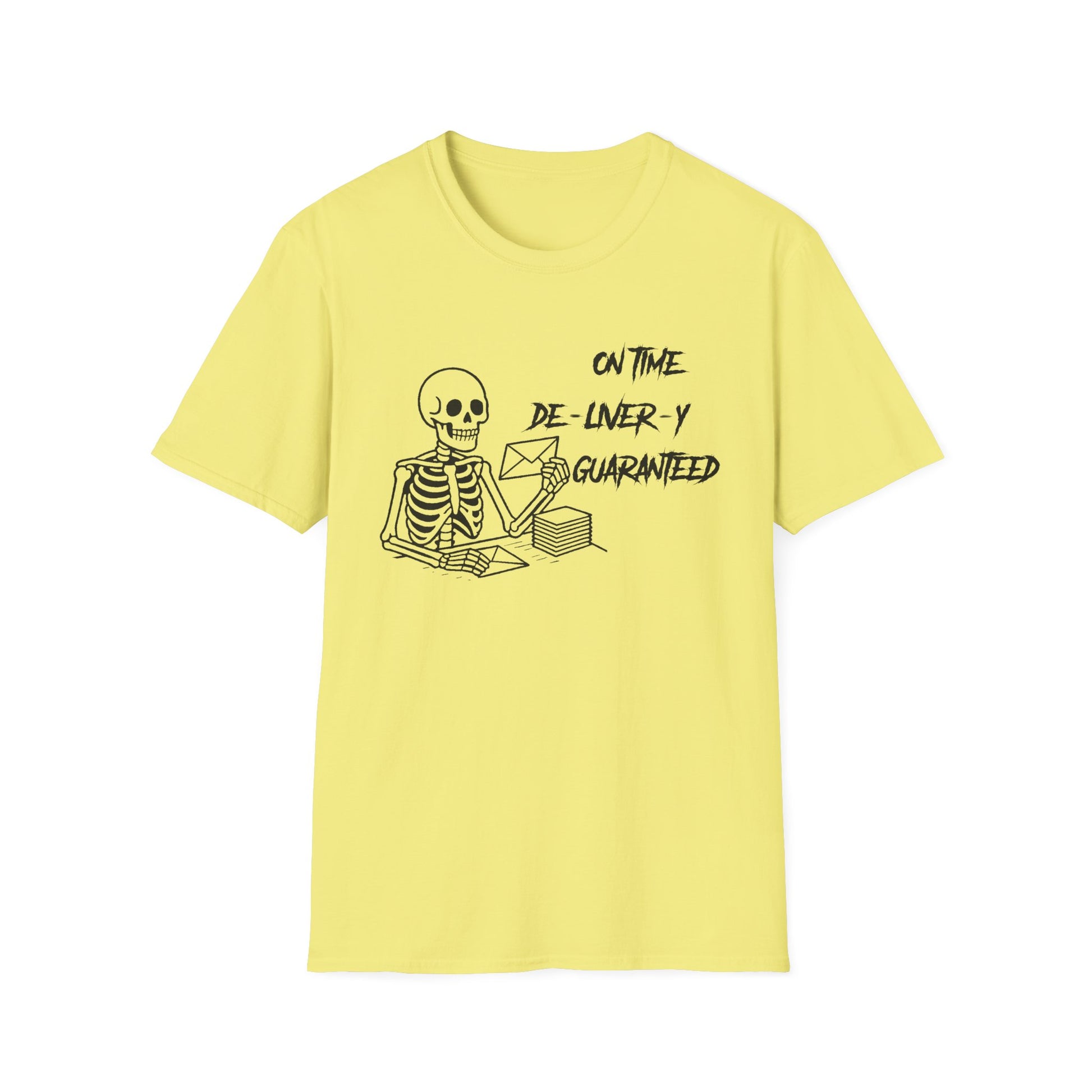 Skeleton On Time Delivery Tee, Funny Graphic Shirt, Halloween Costume Top, Gift for Delivery Drivers, Unisex T-Shirt