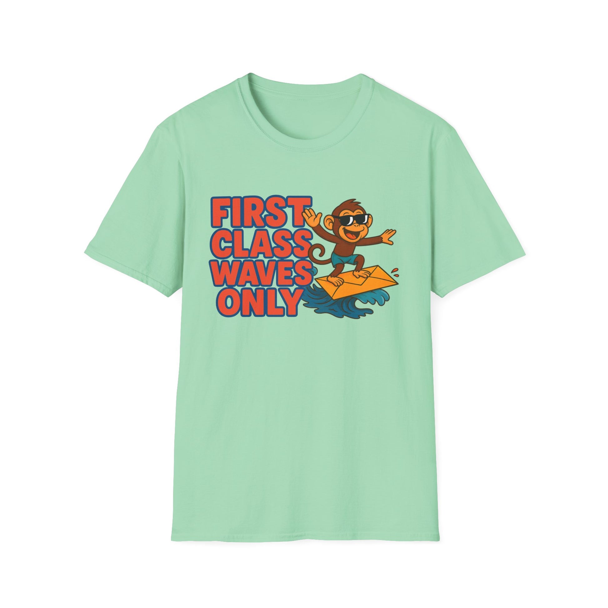 Unisex Softstyle T-Shirt - Beach Vibes, First Class Waves Only, Summer Attire, Surfing Gift, Casual Wear, Retro Tee