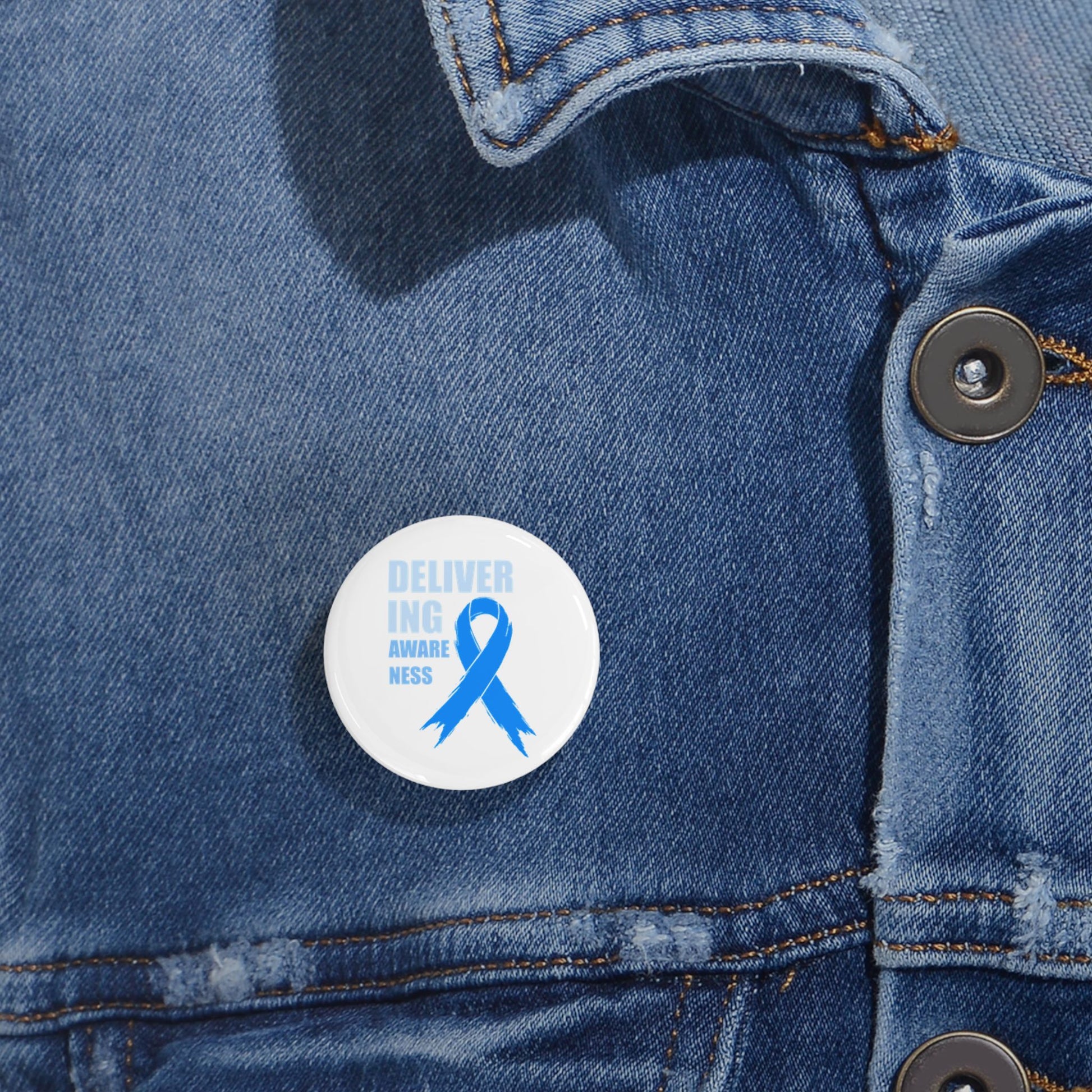 Delivering Awareness Round Pin — Prostate Cancer Awareness Blue Ribbon Support Button