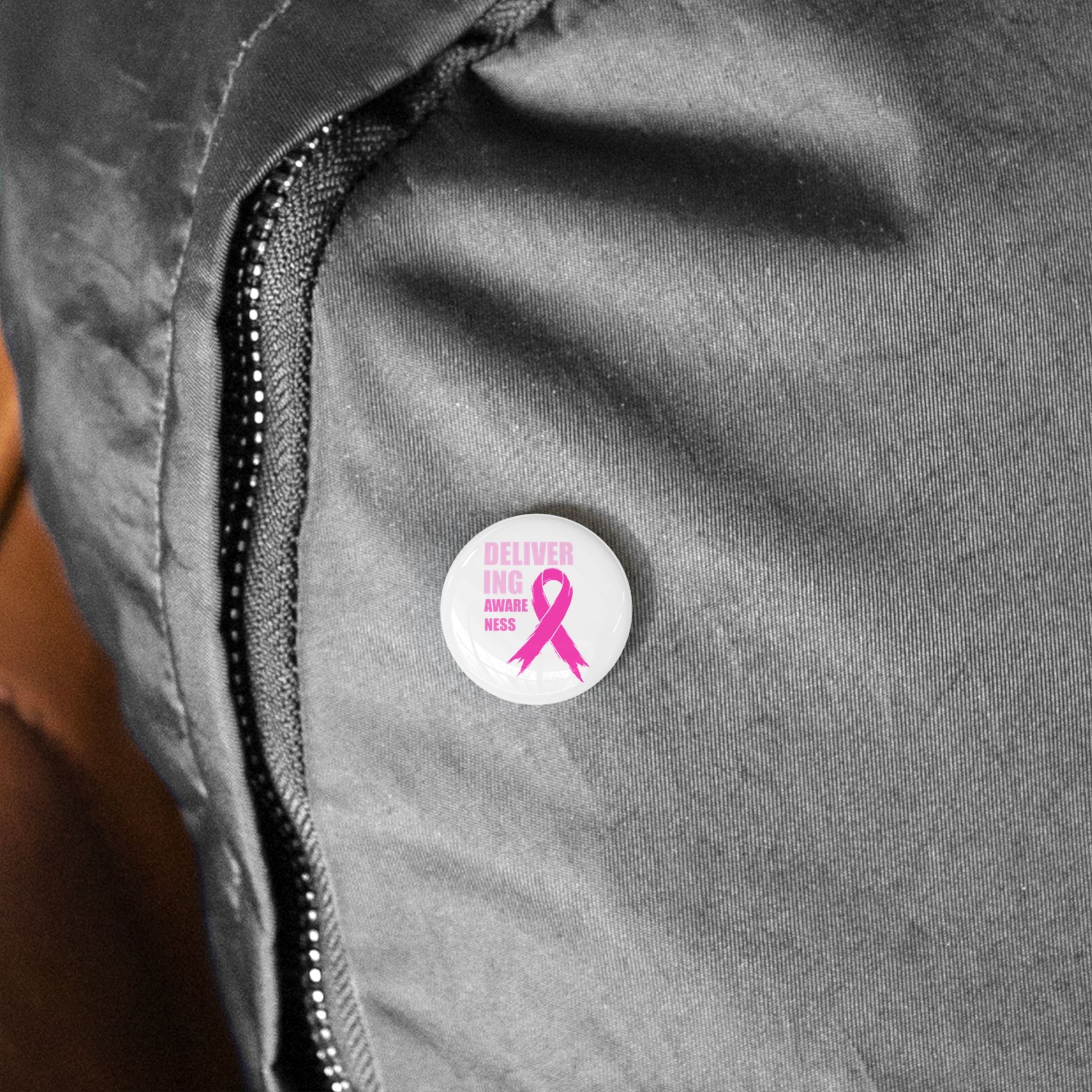 Breast Cancer Awareness Round Pin — "Delivering Awareness" Pink Ribbon Button