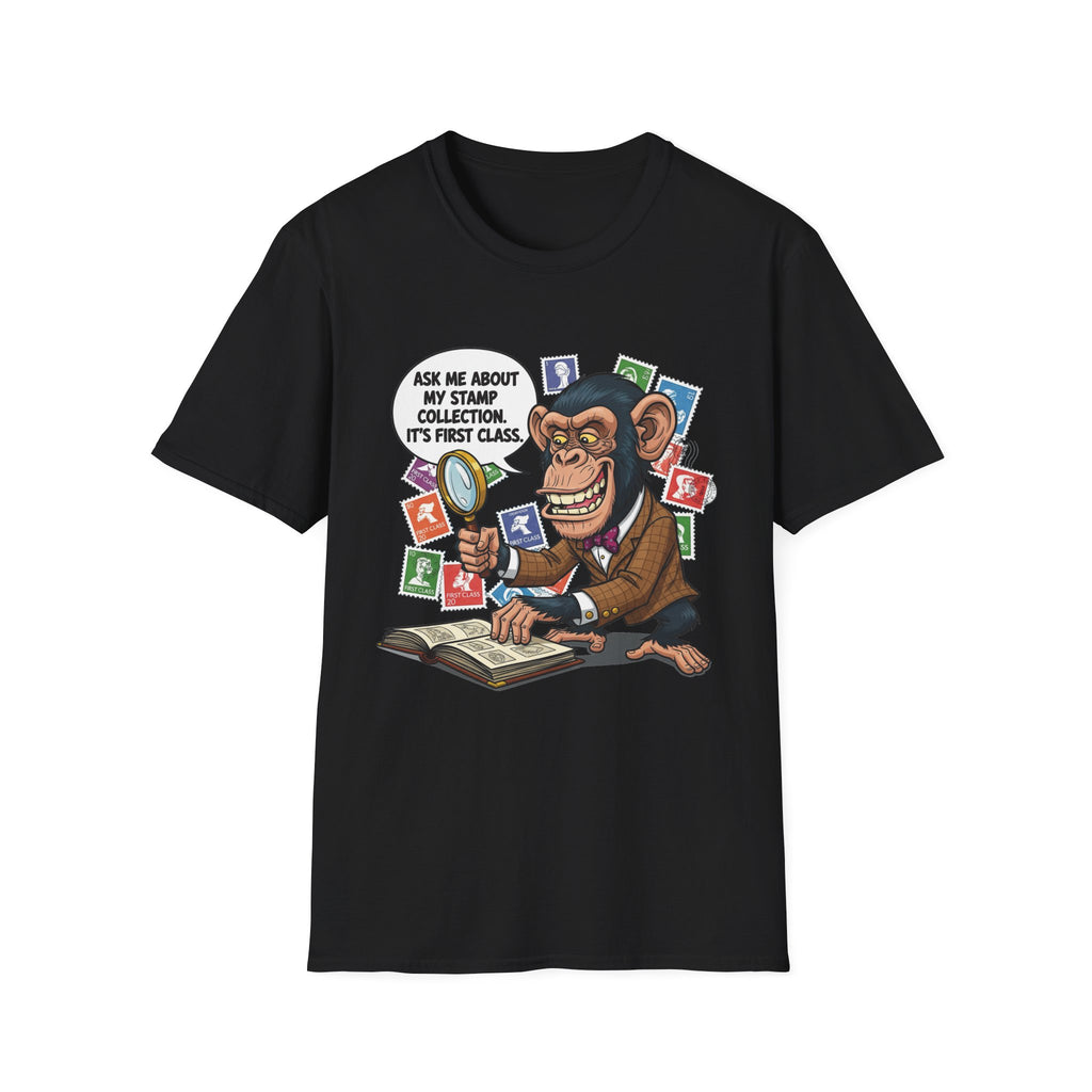 Funny Monkey T-Shirt, Ask Me About My Stamp Collection Tee, Gift for Stamp Collectors, Animal Lover Shirt, Humor Apparel