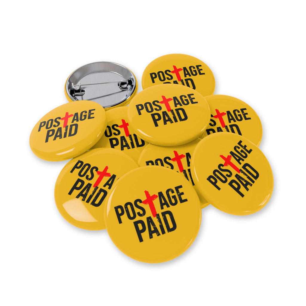 Round Pin Button — "Postage Paid" Yellow Badge with Red Cross (Religious/Christian Faith Pin)