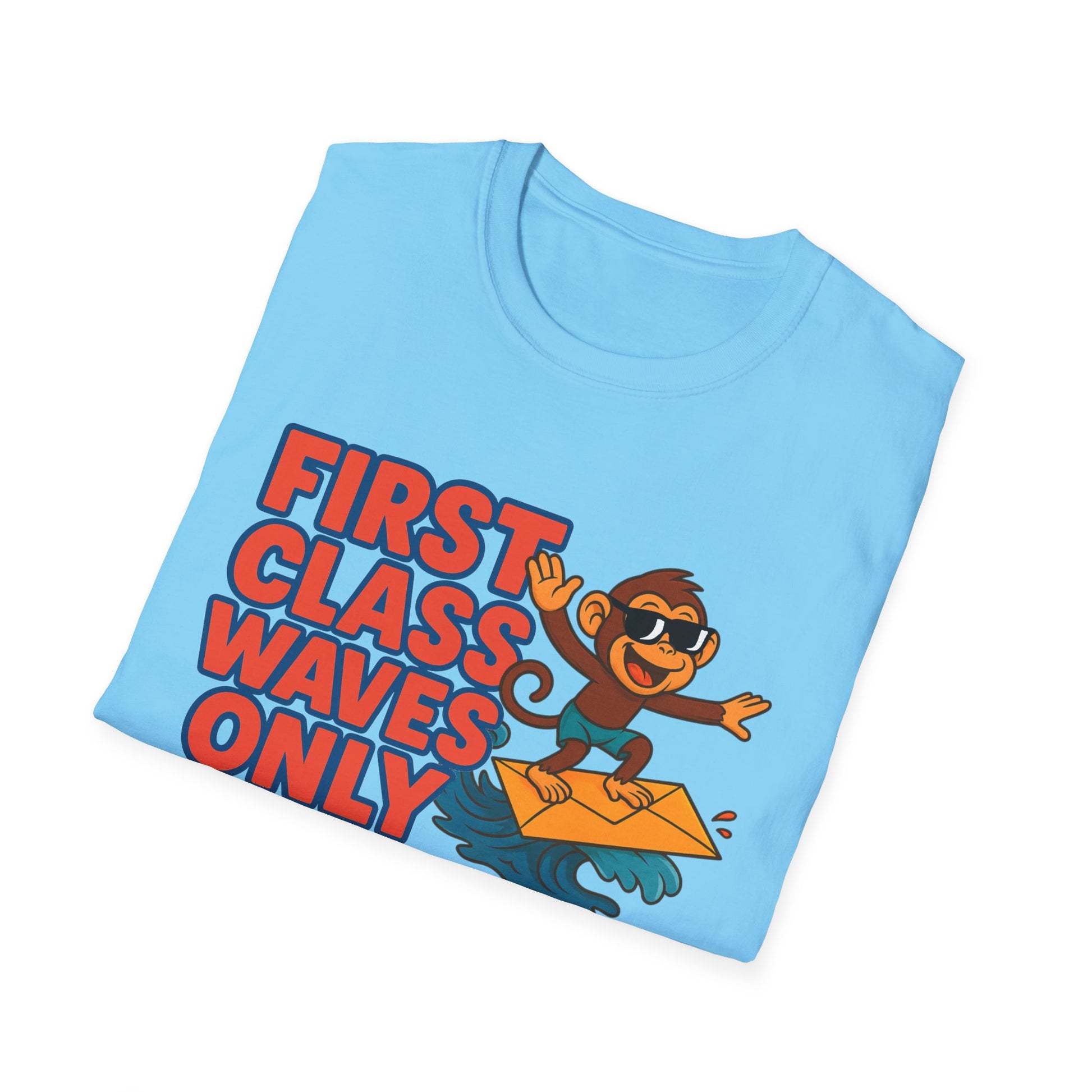 Unisex Softstyle T-Shirt - Beach Vibes, First Class Waves Only, Summer Attire, Surfing Gift, Casual Wear, Retro Tee