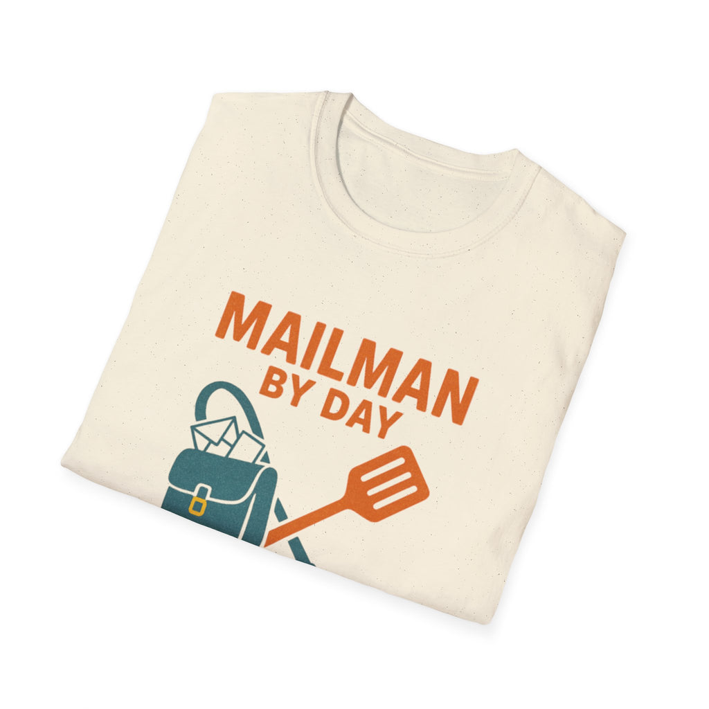 Mailman by Day, Grill Master by Night Unisex Softstyle T-Shirt, Gift for Dad, BBQ T-Shirt, Father's Day Gift, Funny Shirt