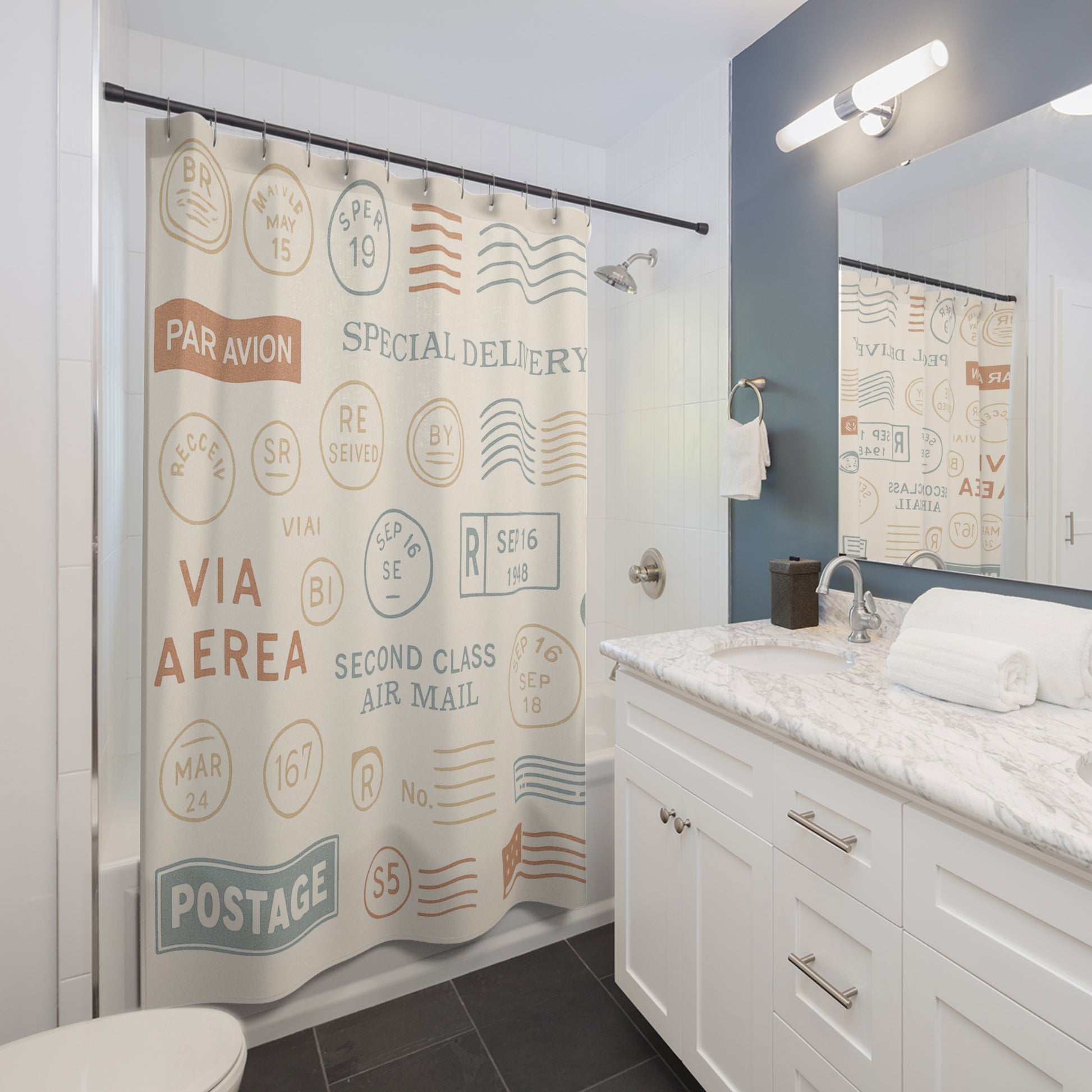 Vintage Postal Shower Curtains, Retro Decor, Bathroom Accessories, Home Makeover, Unique Gift Idea, Travel Lover's Theme