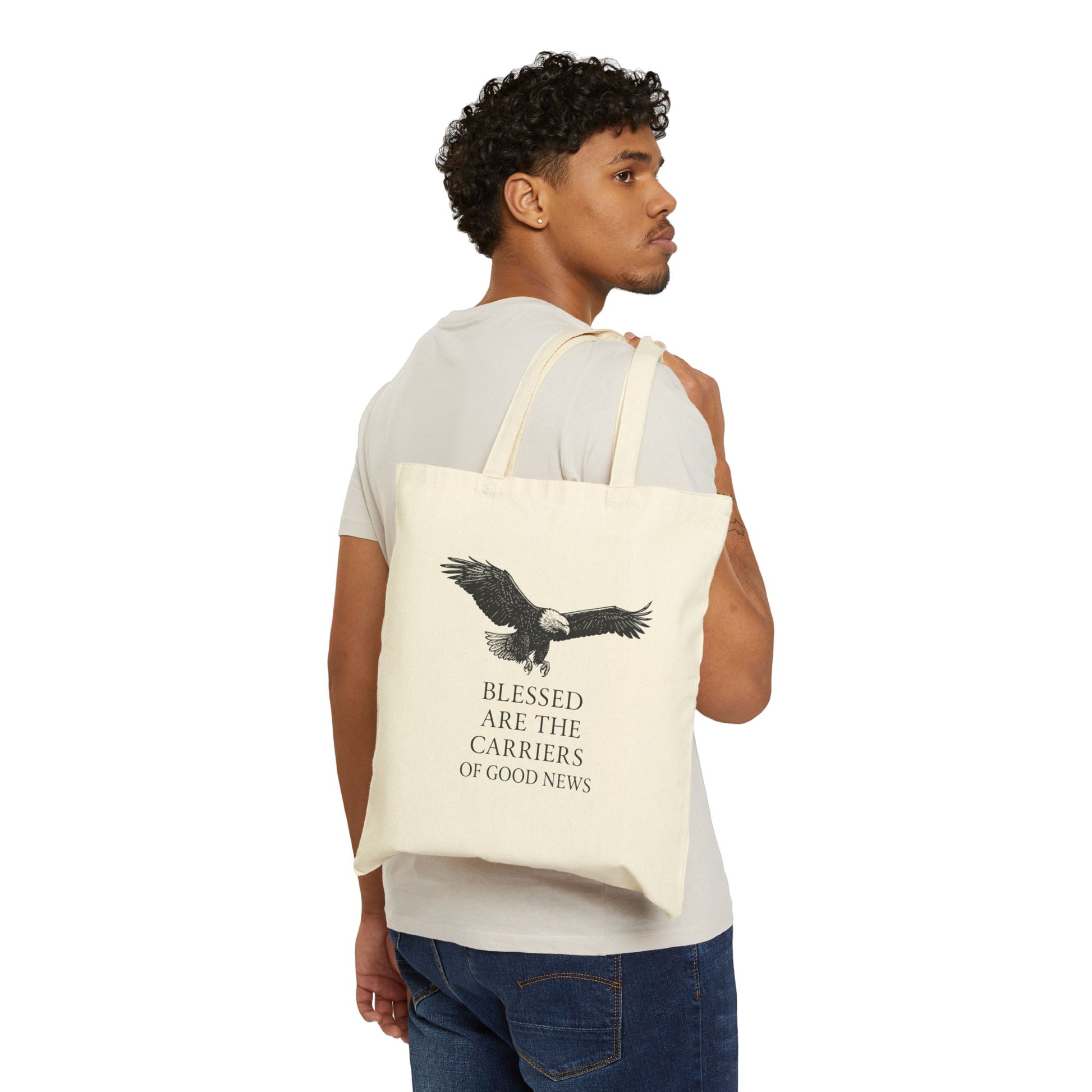 “Blessed Are The Carriers Of Good News” Canvas Tote Bag — Eagle Print, Reusable Canvas Totes