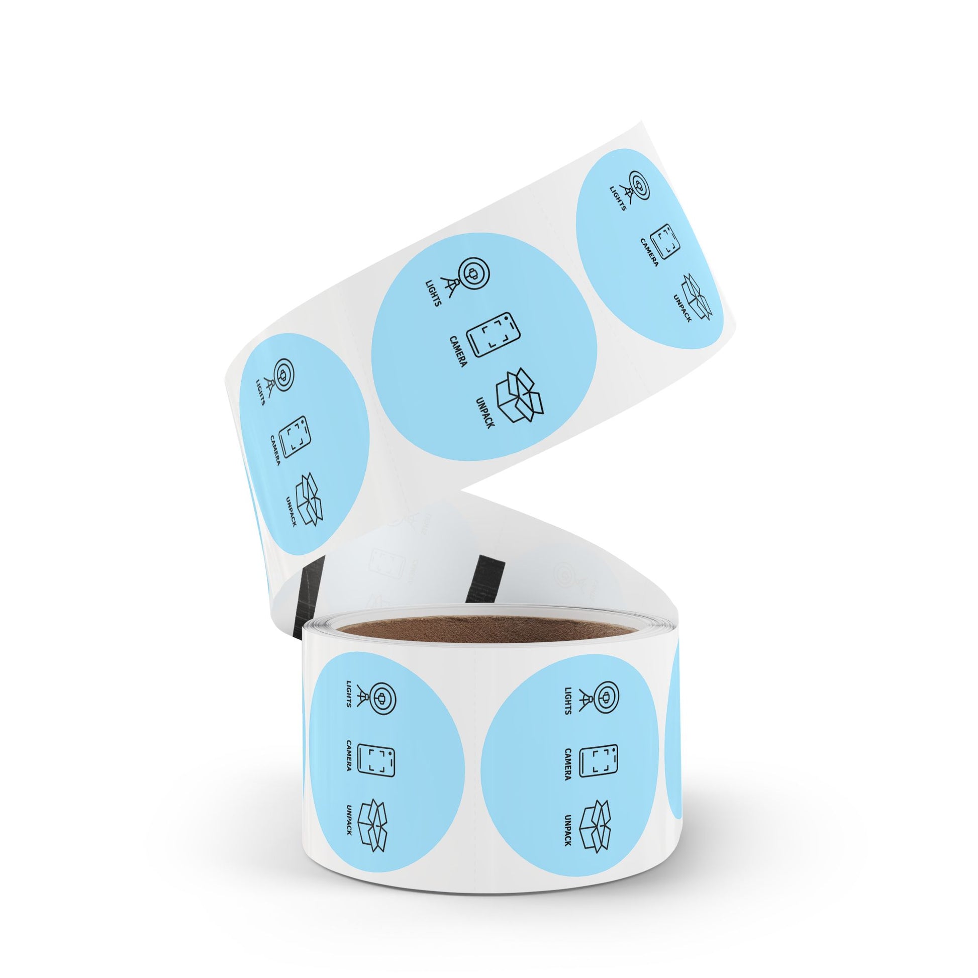 Round Sticker Labels — "Lights • Camera • Unpack" Packing & Unboxing Icon Roll for Etsy Sellers, Shopify Shop Owners & Small Business owners