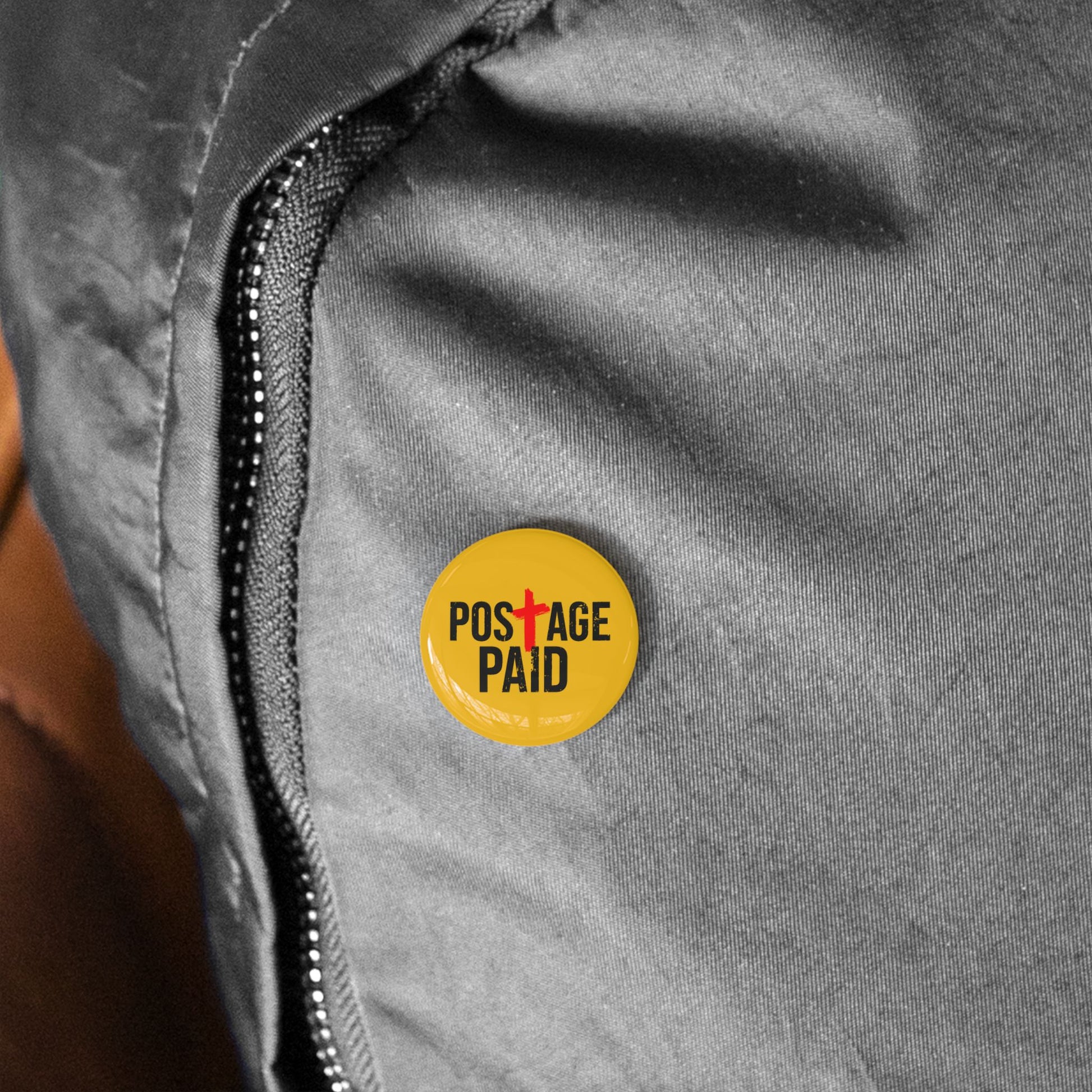 Round Pin Button — "Postage Paid" Yellow Badge with Red Cross (Religious/Christian Faith Pin)