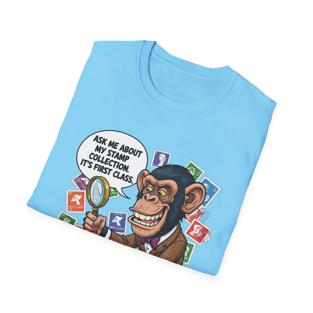 Funny Monkey T-Shirt, Ask Me About My Stamp Collection Tee, Gift for Stamp Collectors, Animal Lover Shirt, Humor Apparel