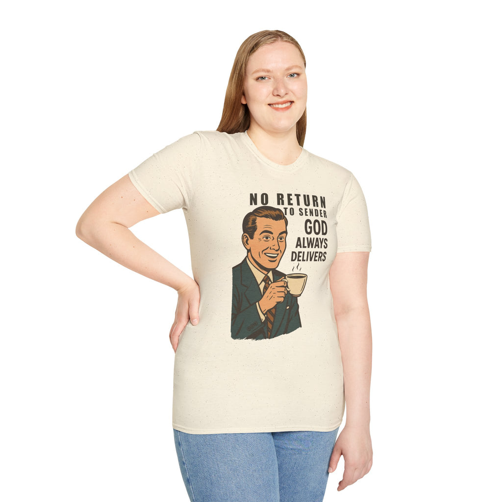 "No Return to Sender, God Always Delivers" - Unisex Softstyle Tee, Inspirational Gifts, Gifts For Postal Workers, Inspirational Gift Ideas