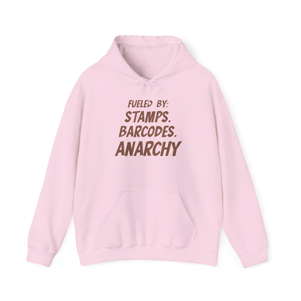 Anarchy Hoodie – “Fueled By: Stamps, Barcodes, Anarchy” Graphic Hoodie