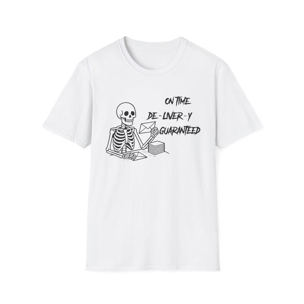 Skeleton On Time Delivery Tee, Funny Graphic Shirt, Halloween Costume Top, Gift for Delivery Drivers, Unisex T-Shirt