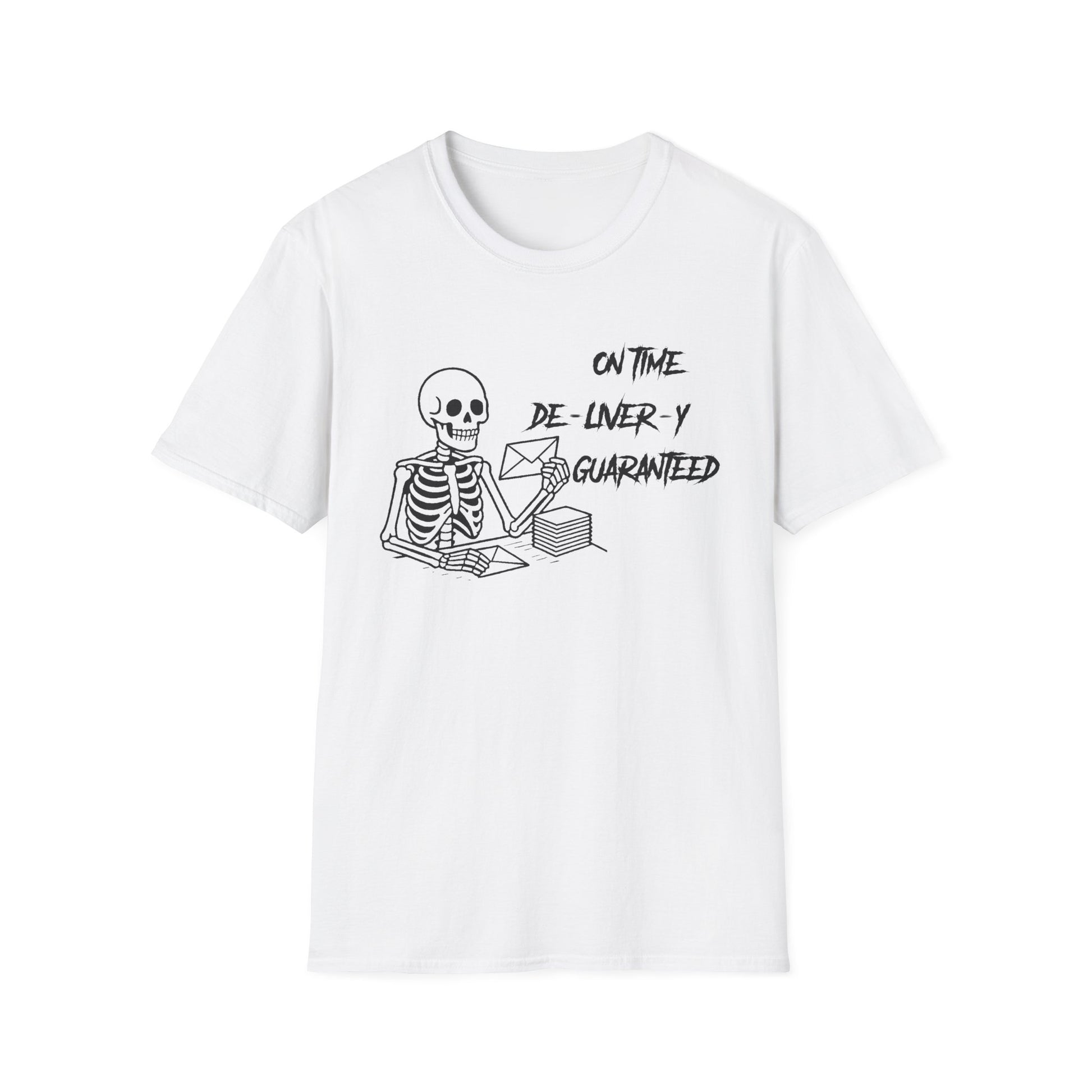 Skeleton On Time Delivery Tee, Funny Graphic Shirt, Halloween Costume Top, Gift for Delivery Drivers, Unisex T-Shirt