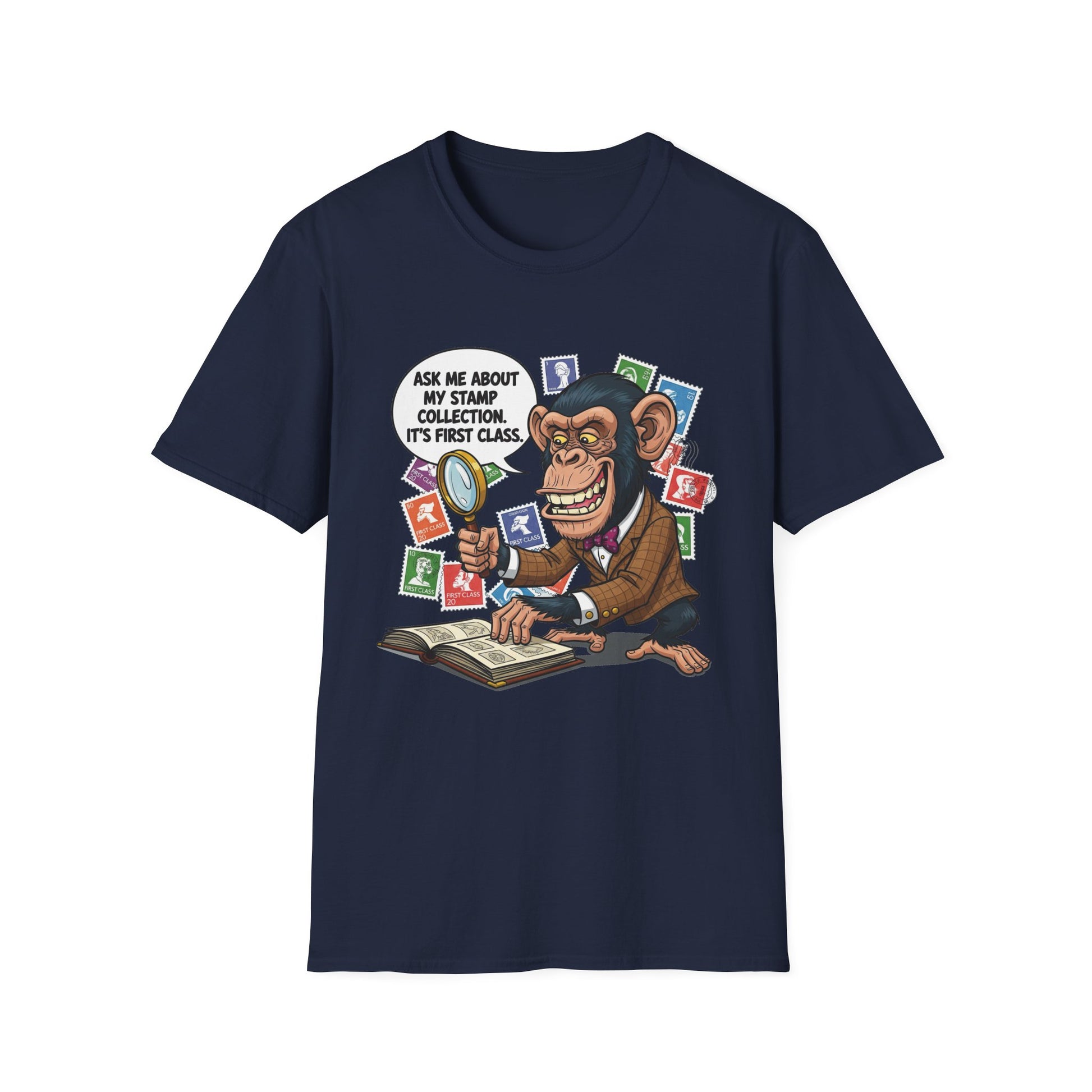 Funny Monkey T-Shirt, Ask Me About My Stamp Collection Tee, Gift for Stamp Collectors, Animal Lover Shirt, Humor Apparel
