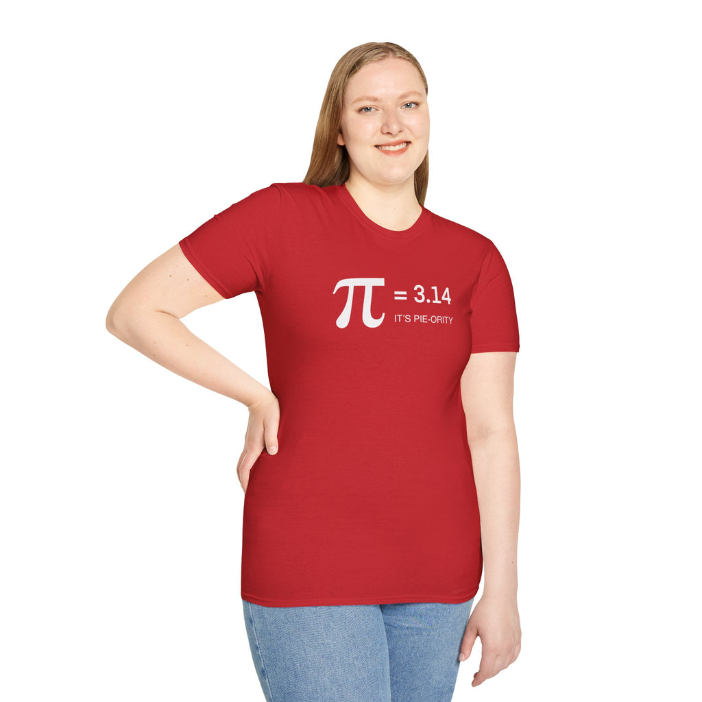 Pi = 3.14 "It's Pie-ority" Math T-Shirt — Funny Pi Day Tee for Teachers & Students