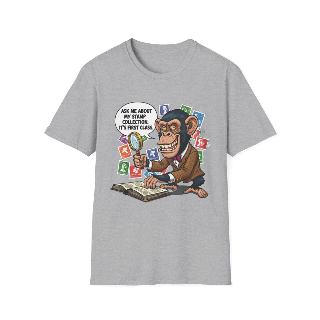 Funny Monkey T-Shirt, Ask Me About My Stamp Collection Tee, Gift for Stamp Collectors, Animal Lover Shirt, Humor Apparel