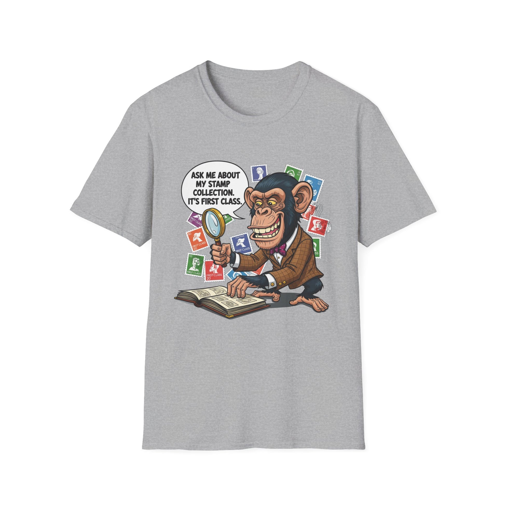 Funny Monkey T-Shirt, Ask Me About My Stamp Collection Tee, Gift for Stamp Collectors, Animal Lover Shirt, Humor Apparel