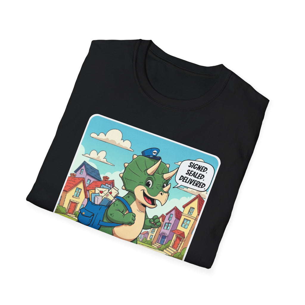 Whimsical Dinosaur Adventure T-Shirt for Kids, Fun Graphic Tee, Unisex Softstyle Shirt, Birthday Gift, Playful Design, Casual Wear