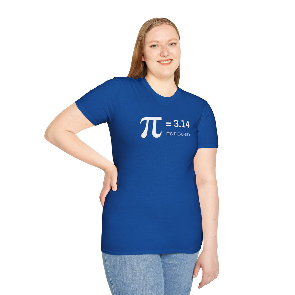 Pi = 3.14 "It's Pie-ority" Math T-Shirt — Funny Pi Day Tee for Teachers & Students