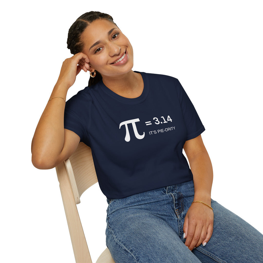 Pi = 3.14 "It's Pie-ority" Math T-Shirt — Funny Pi Day Tee for Teachers & Students