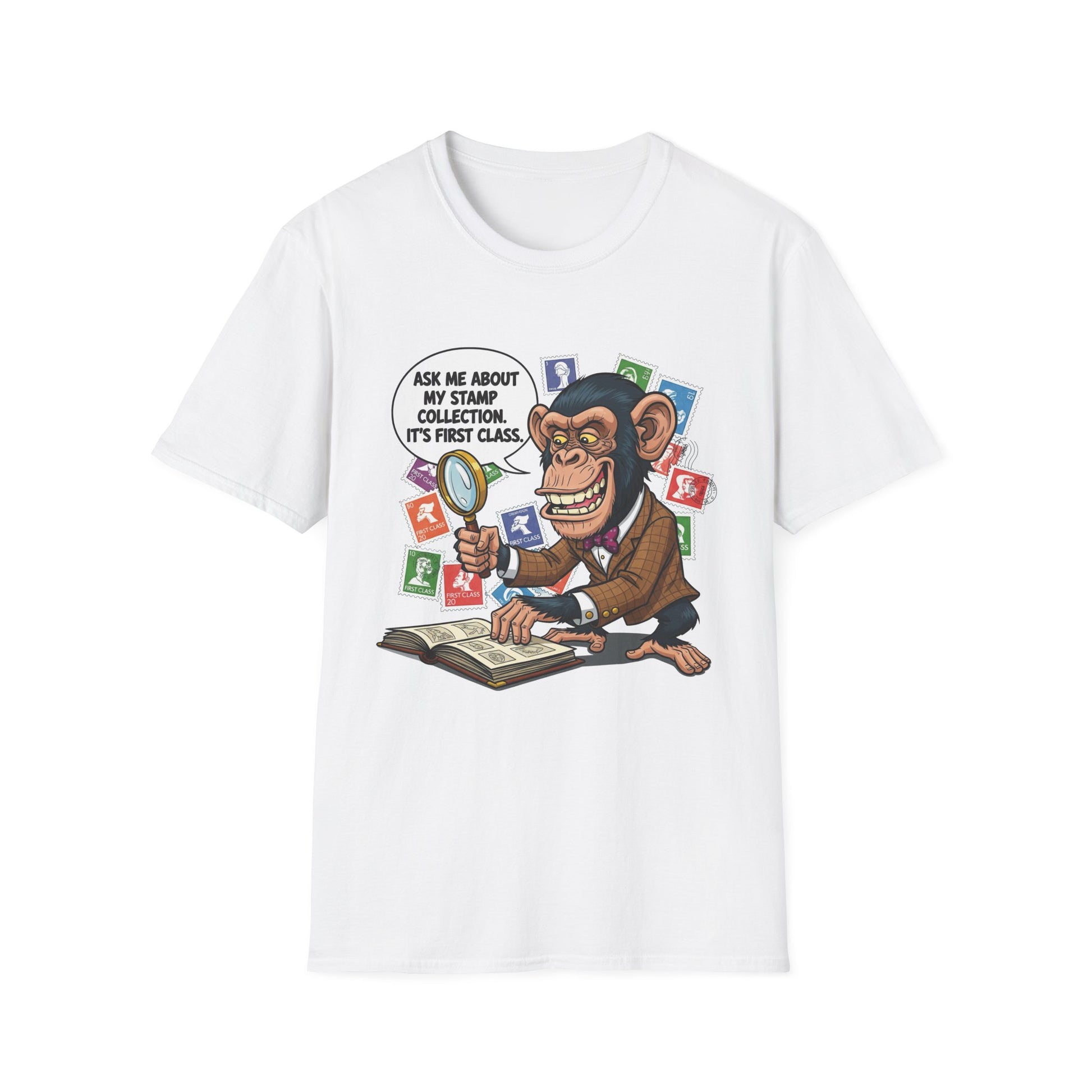 Funny Monkey T-Shirt, Ask Me About My Stamp Collection Tee, Gift for Stamp Collectors, Animal Lover Shirt, Humor Apparel