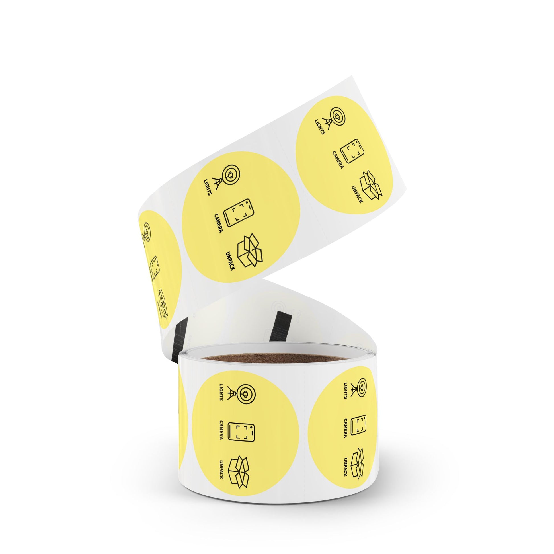 Funny Sticker Rolls — Yellow "Lights • Camera • Unpack" Packing Stickers for Etsy Sellers, Shopify Shops & Small Business Owners