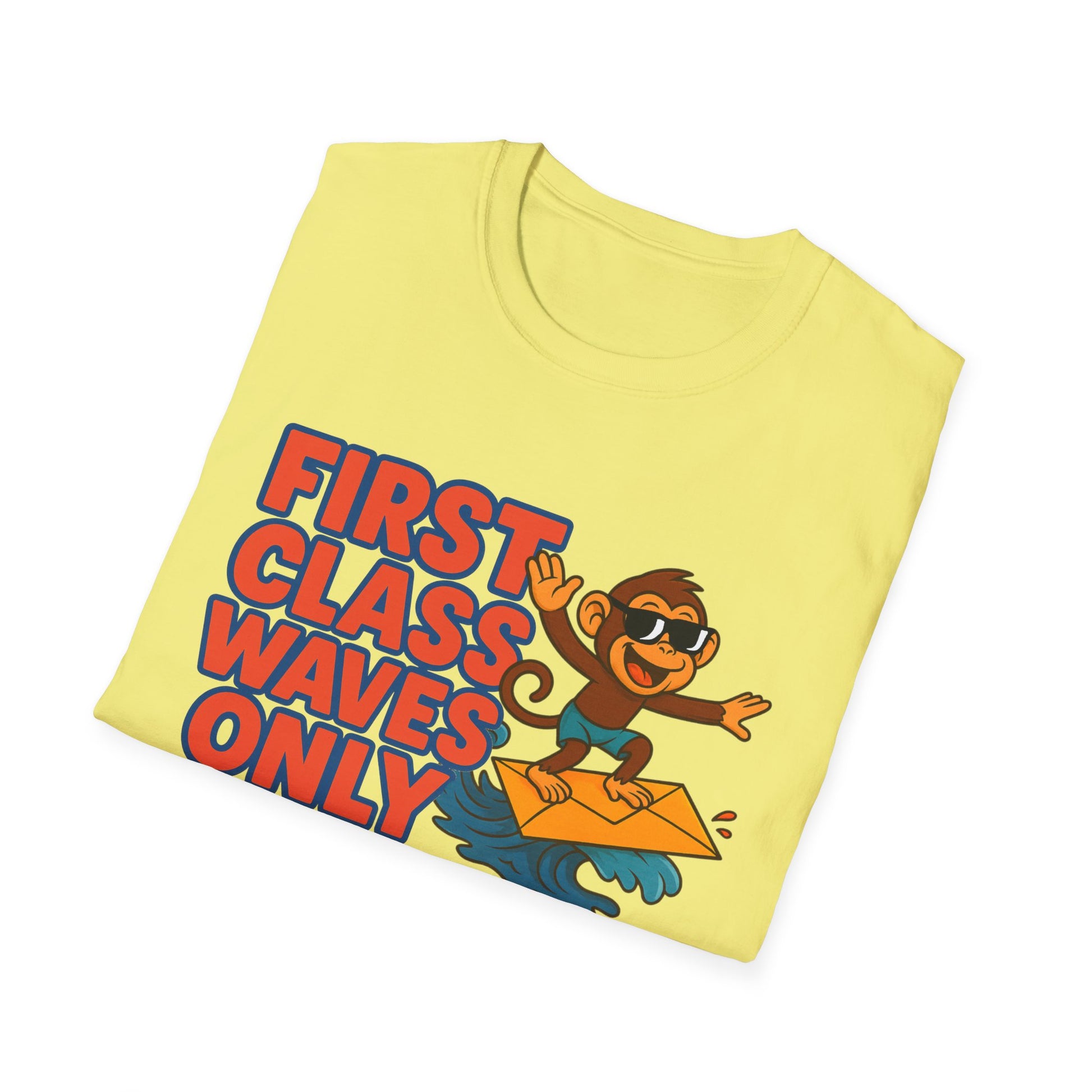 Unisex Softstyle T-Shirt - Beach Vibes, First Class Waves Only, Summer Attire, Surfing Gift, Casual Wear, Retro Tee