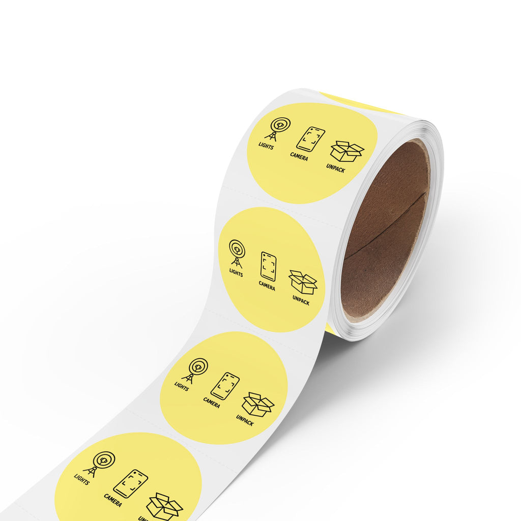 Funny Sticker Rolls — Yellow "Lights • Camera • Unpack" Packing Stickers for Etsy Sellers, Shopify Shops & Small Business Owners
