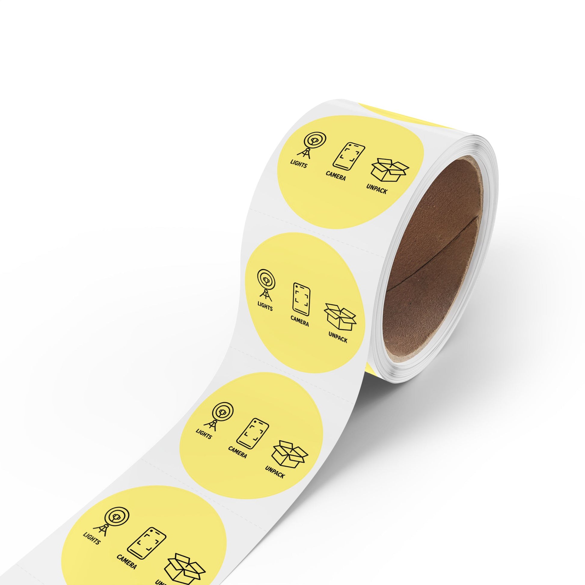 Funny Sticker Rolls — Yellow "Lights • Camera • Unpack" Packing Stickers for Etsy Sellers, Shopify Shops & Small Business Owners