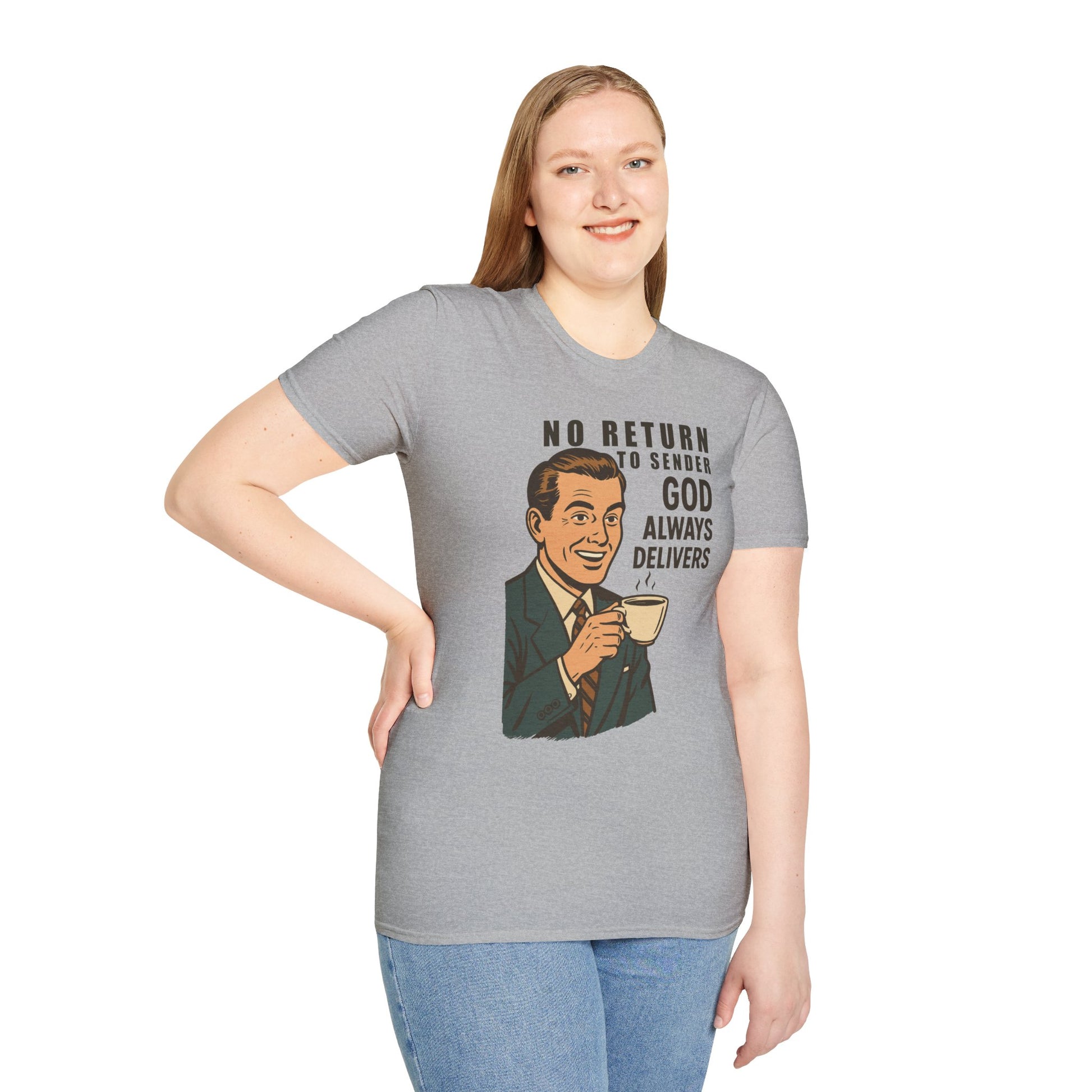 "No Return to Sender, God Always Delivers" - Unisex Softstyle Tee, Inspirational Gifts, Gifts For Postal Workers, Inspirational Gift Ideas