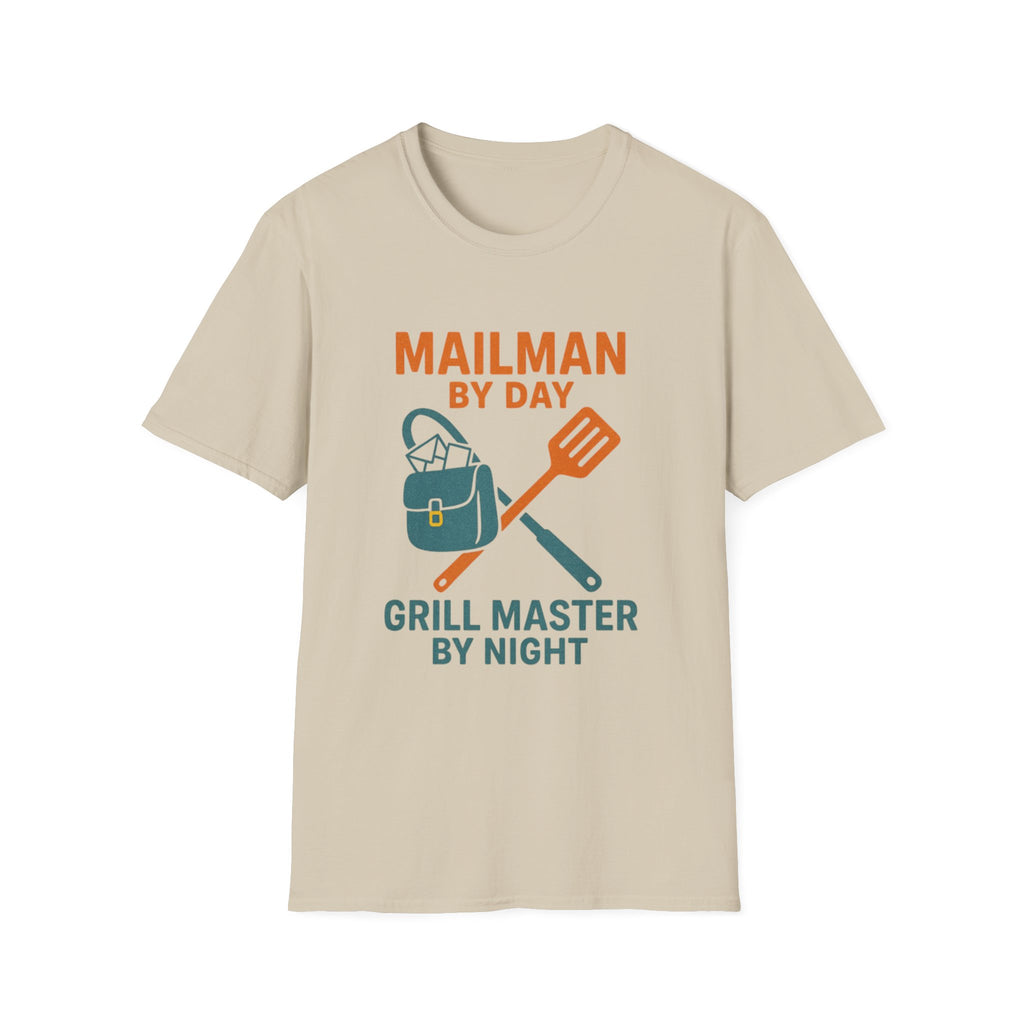 Mailman by Day, Grill Master by Night Unisex Softstyle T-Shirt, Gift for Dad, BBQ T-Shirt, Father's Day Gift, Funny Shirt