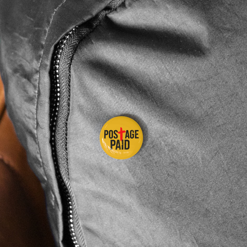 Round Pin Button — "Postage Paid" Yellow Badge with Red Cross (Religious/Christian Faith Pin)