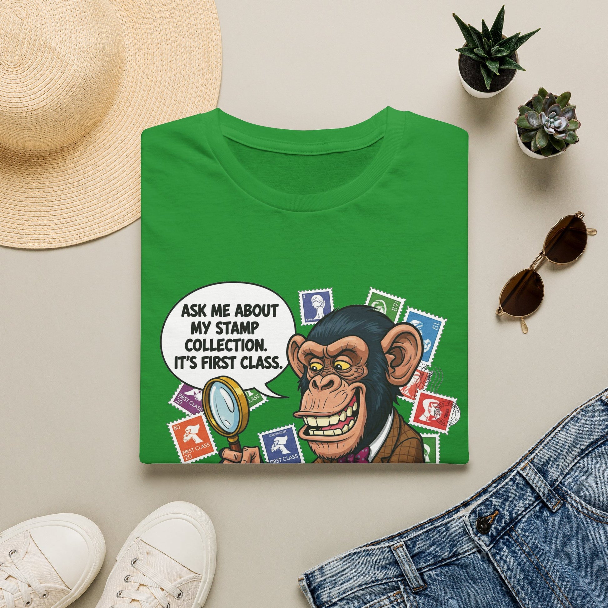 Funny Monkey T-Shirt, Ask Me About My Stamp Collection Tee, Gift for Stamp Collectors, Animal Lover Shirt, Humor Apparel