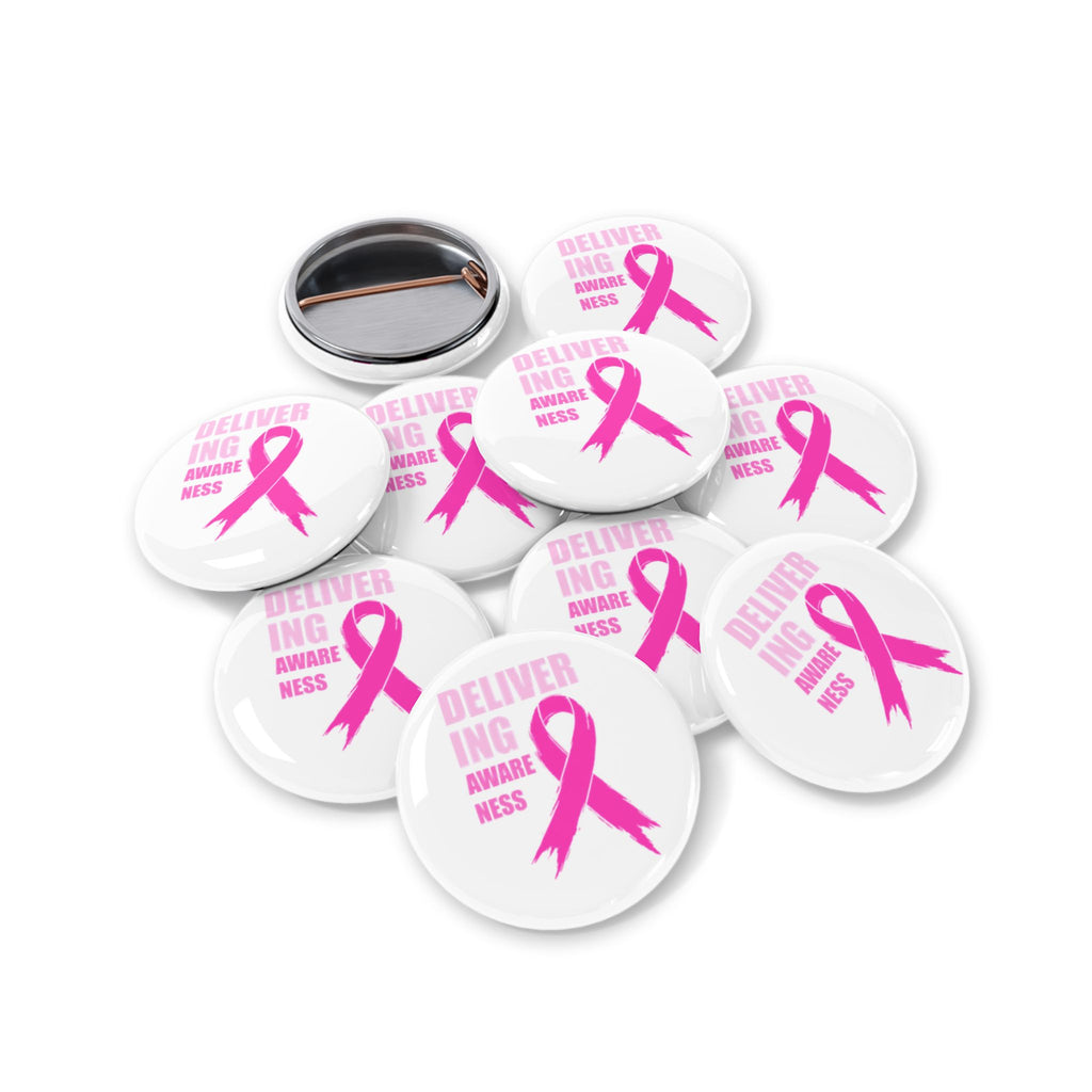 Breast Cancer Awareness Round Pin — "Delivering Awareness" Pink Ribbon Button