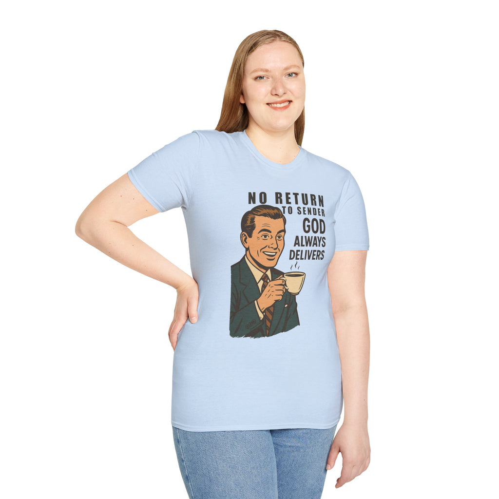 "No Return to Sender, God Always Delivers" - Unisex Softstyle Tee, Inspirational Gifts, Gifts For Postal Workers, Inspirational Gift Ideas